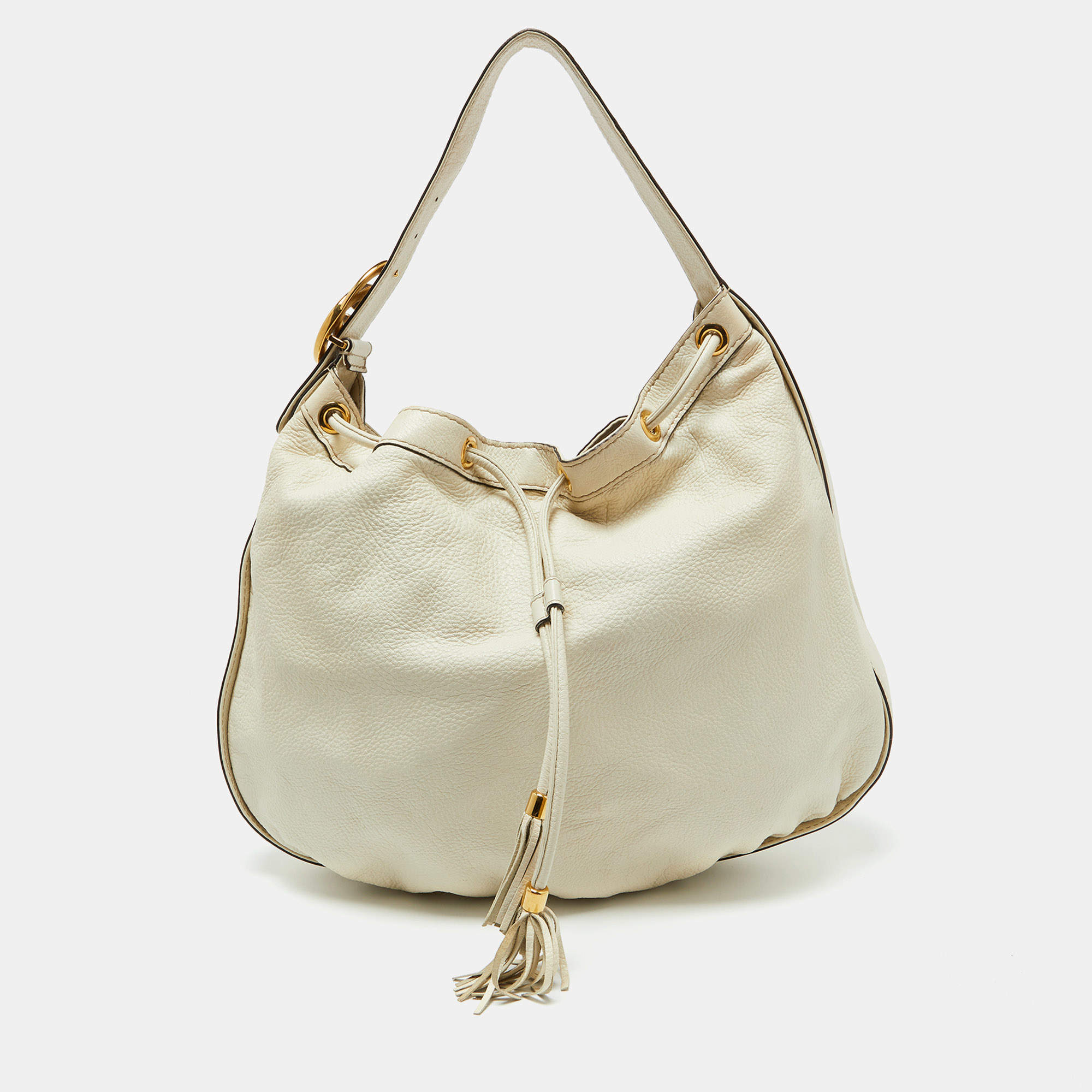 Pre Owned Gucci Cream Leather Interlocking Icon Tassel Hobo