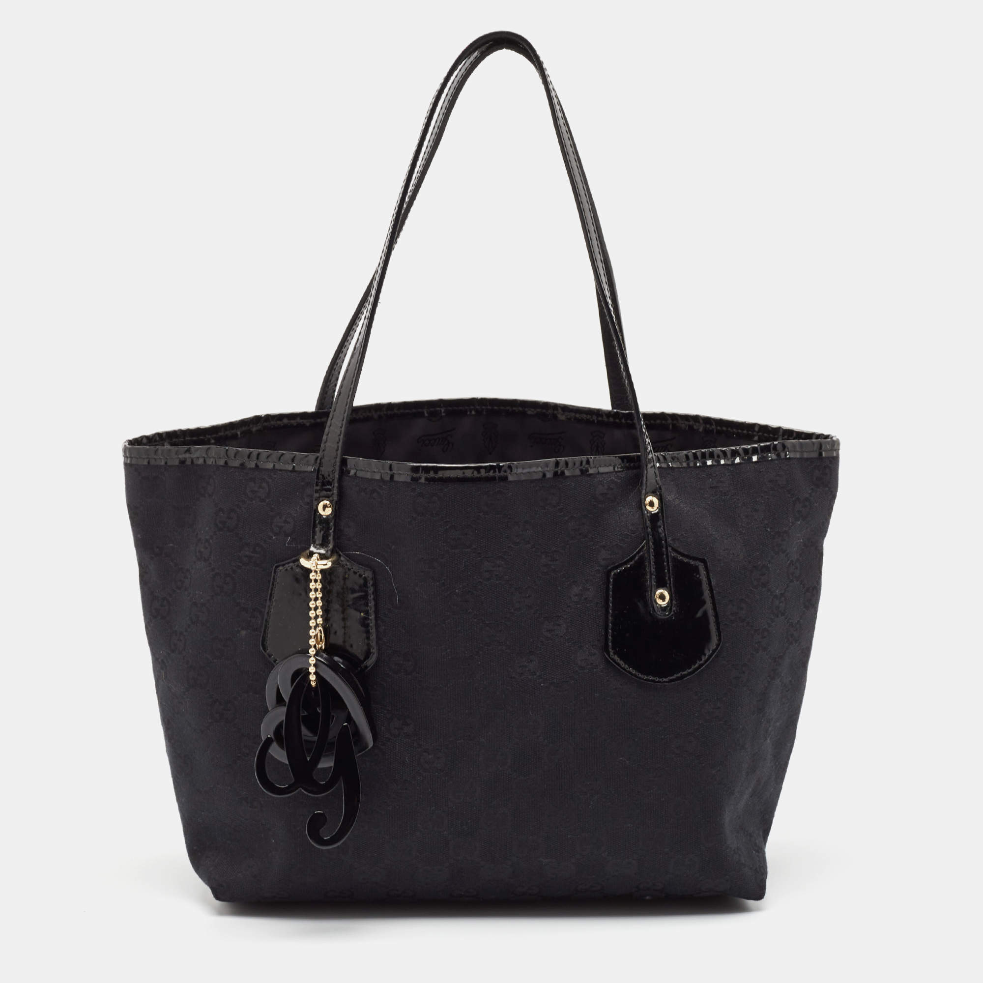 Pre Owned Gucci Black GG Canvas and Patent Leather Jolie Tote
