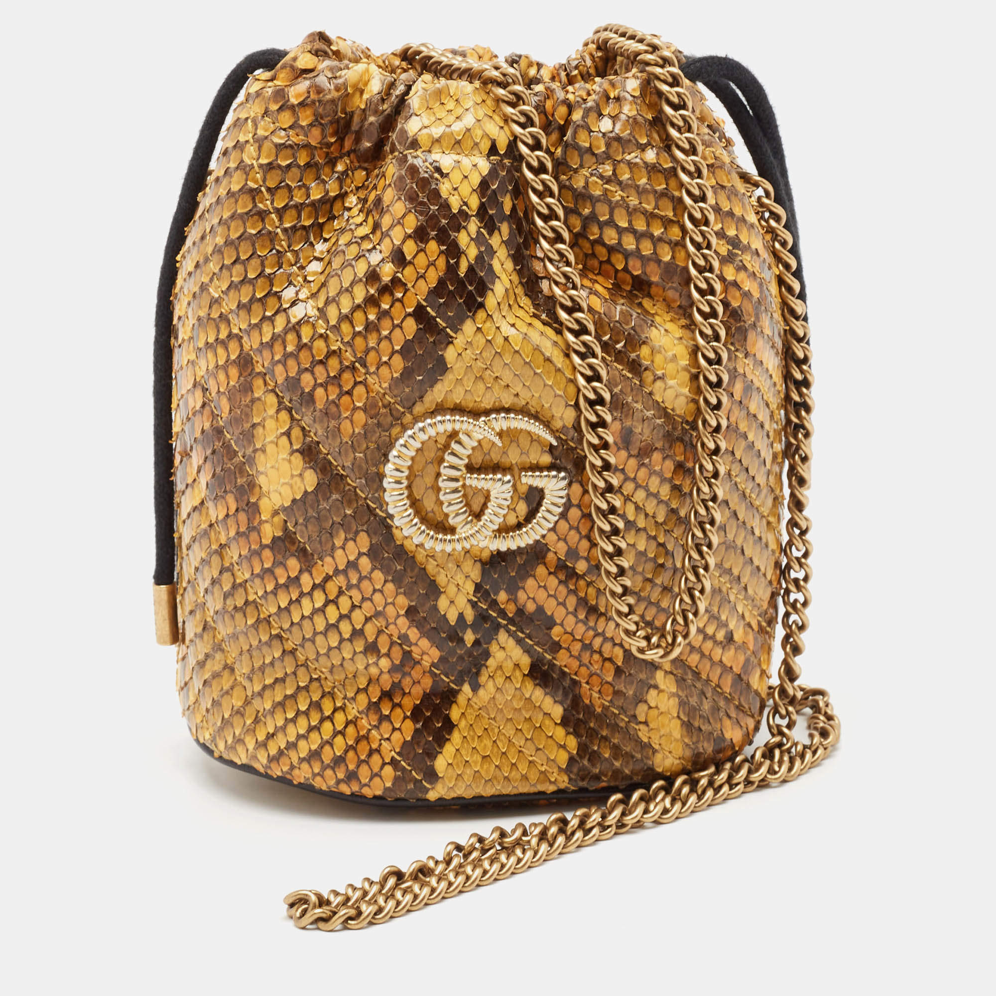 Pre Owned Gucci Yellow/Brown Python Mini GG Torchon Marmont Bucket Bag
