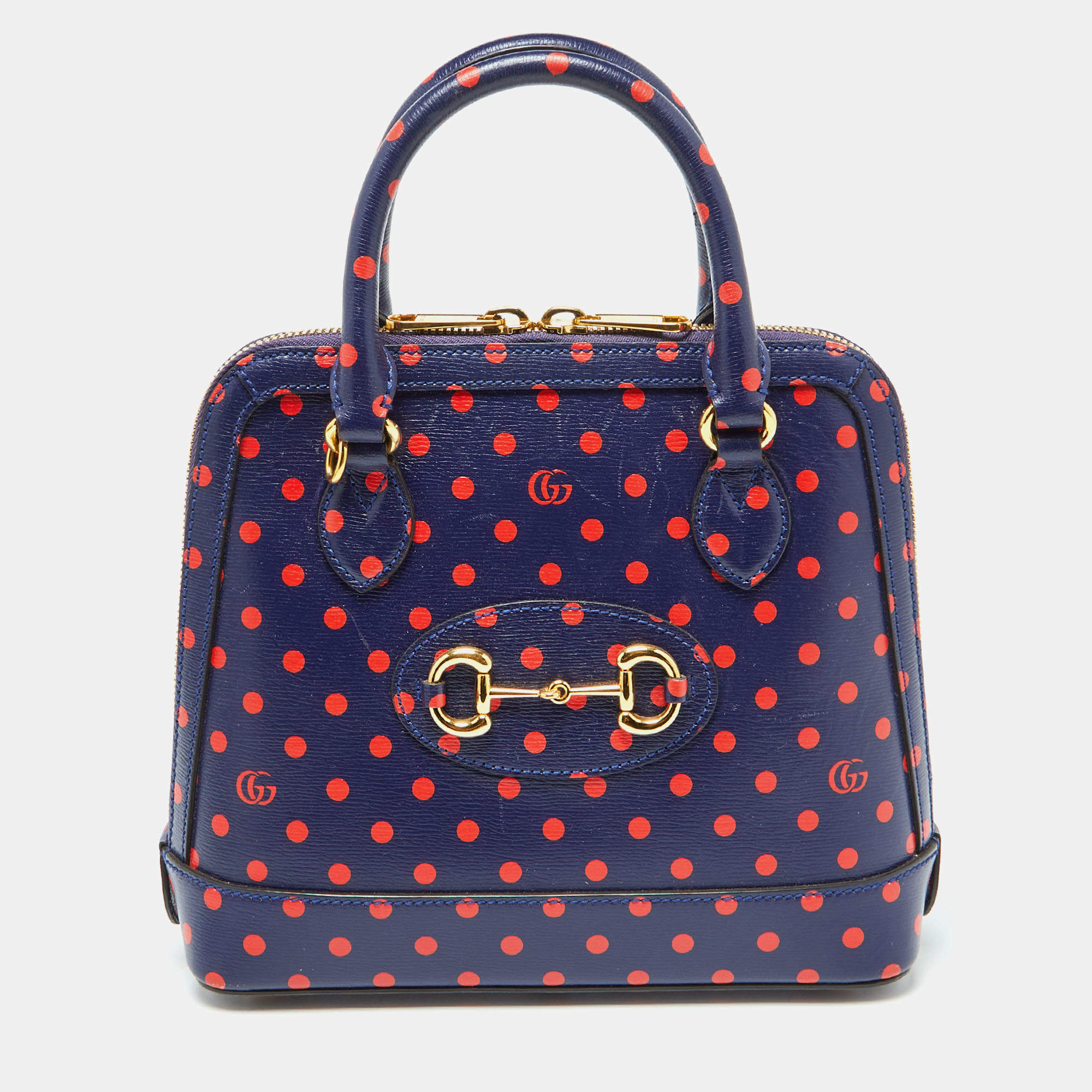 Pre Owned Gucci Navy Blue/Red Polka Dot Leather Horsebit 1955 Bag