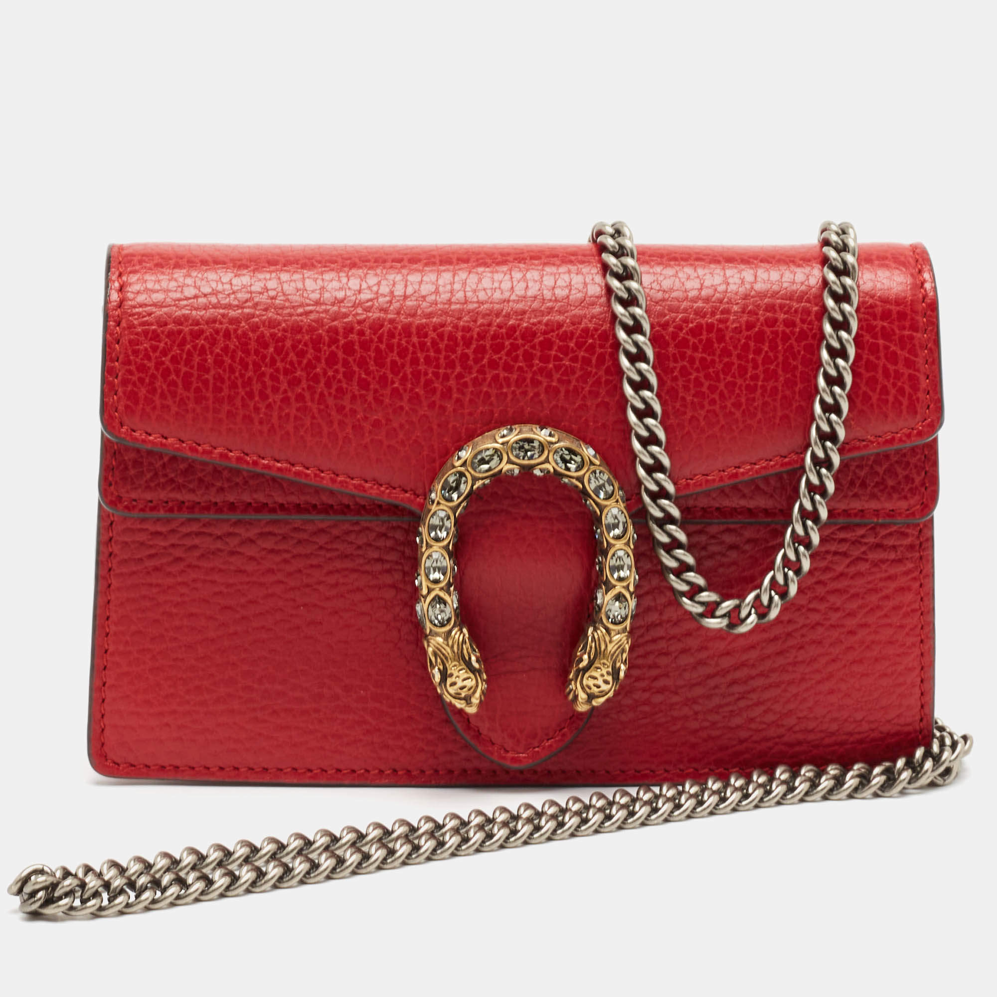 Pre Owned Gucci Red Leather Super Mini Dionysus Chain Bag