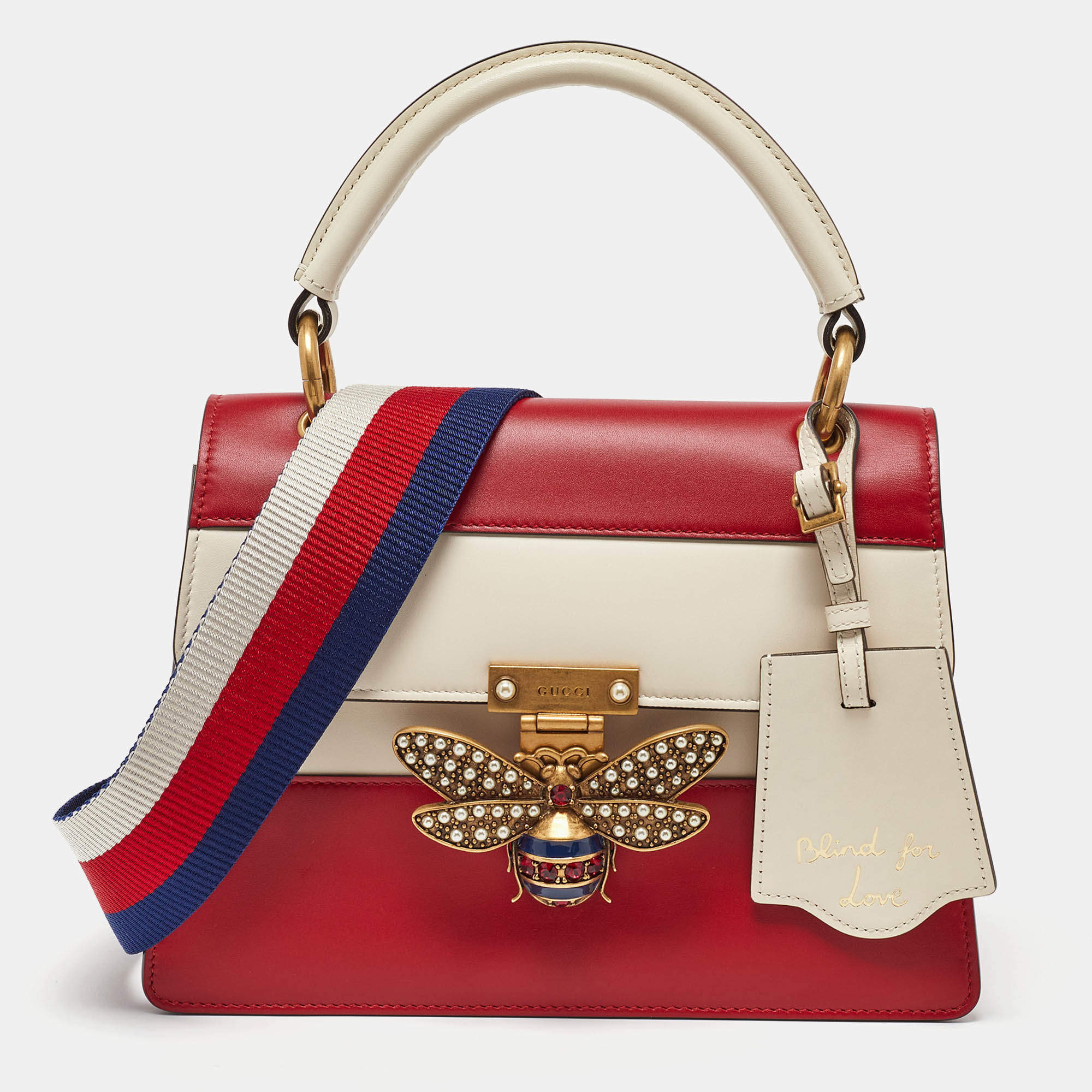 Pre Owned Gucci Red/Off White Leather Small Queen Margaret Top Handle Bag