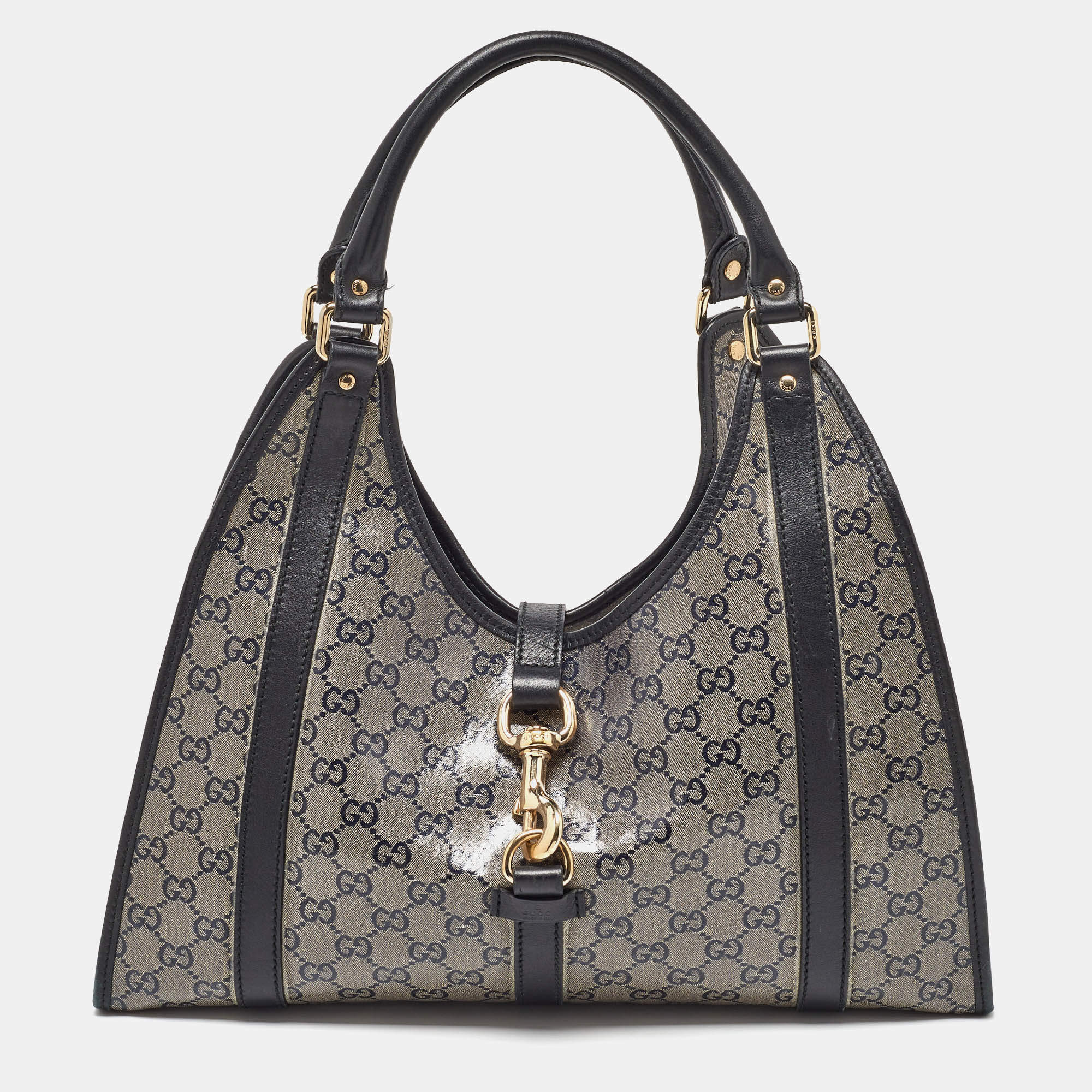 Pre Owned Gucci Grey/Black GG Crystal Canvas and Leather Bardot Joy Hobo