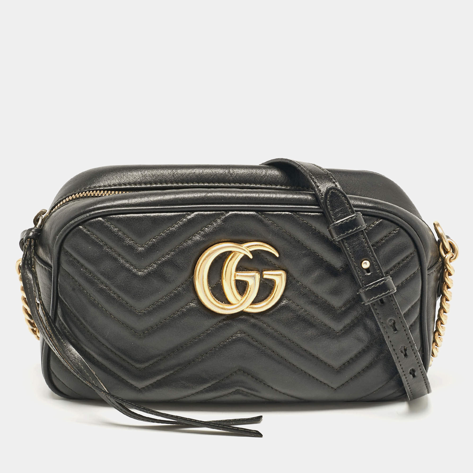 Pre Owned Gucci Black Matelassé Leather Small GG Marmont Shoulder Bag