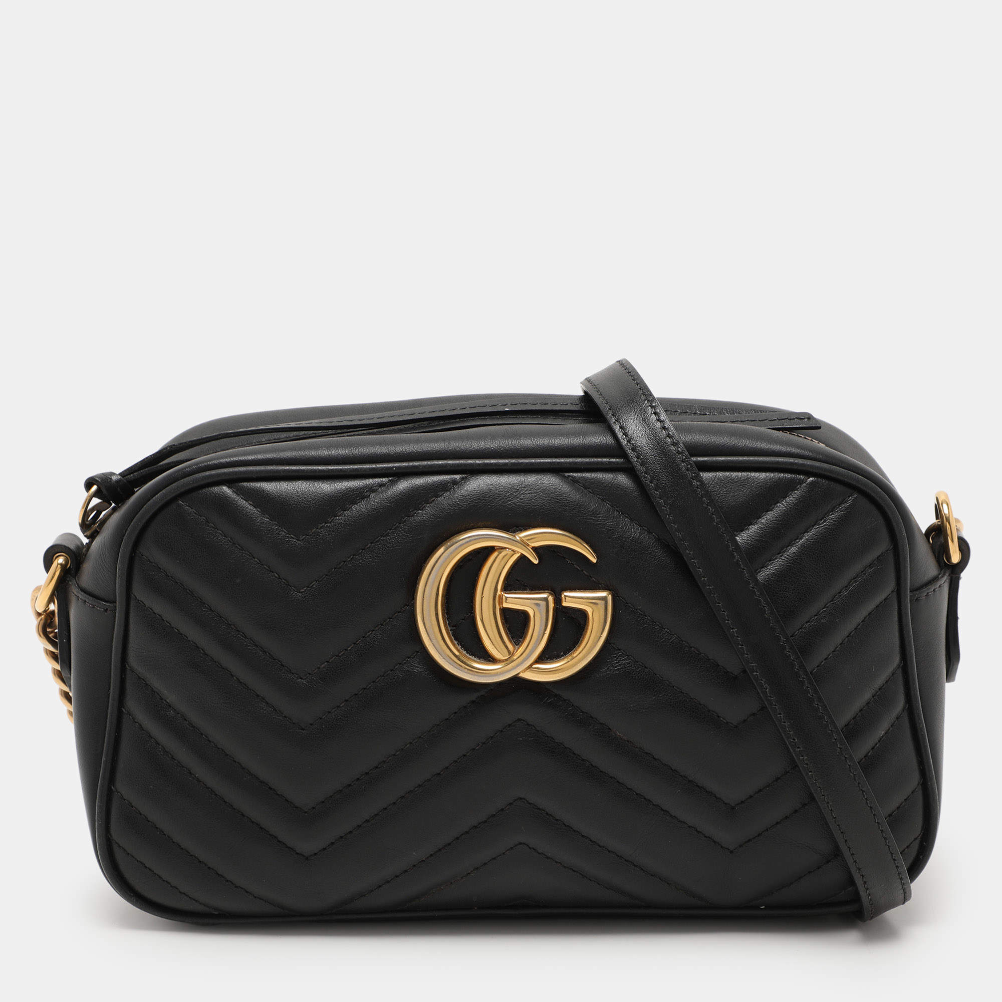 Gucci Black Matelassé Leather Small GG Marmont Shoulder Bag