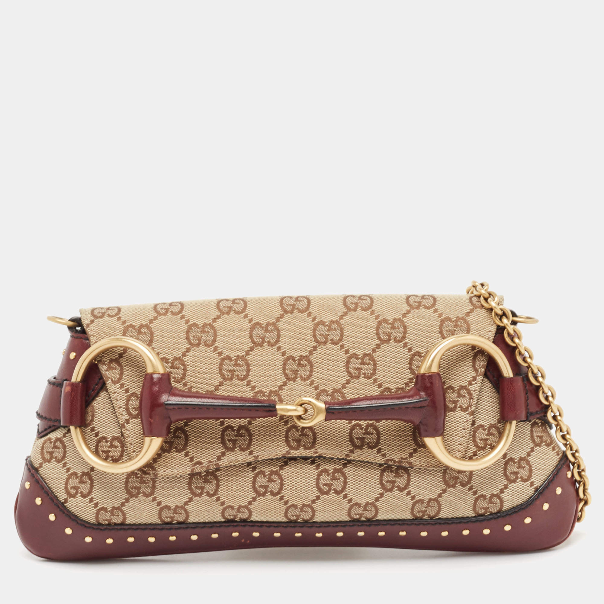 مملوكة مسبقًا Gucci Burgundy/Brown GG Canvas and Leather Horsebit Studded Chain Clutch
