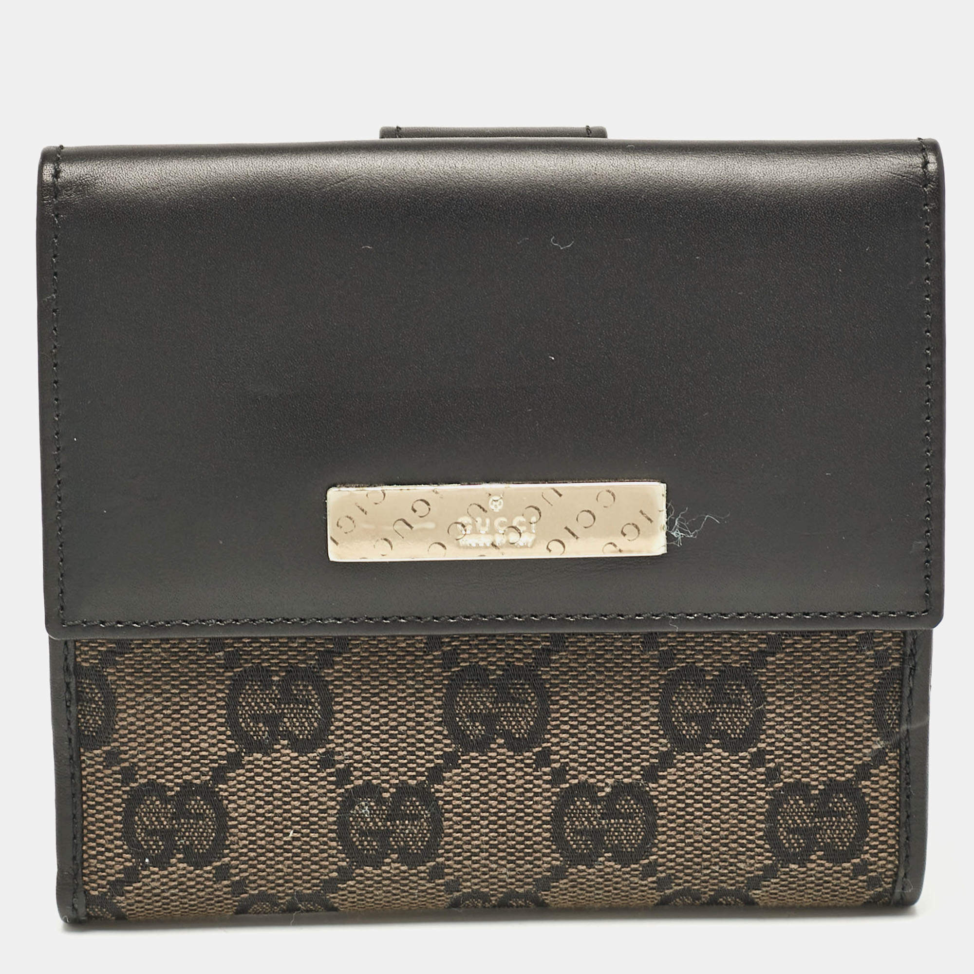 Gucci Black GG Canvas and Leather French Compact Wallet