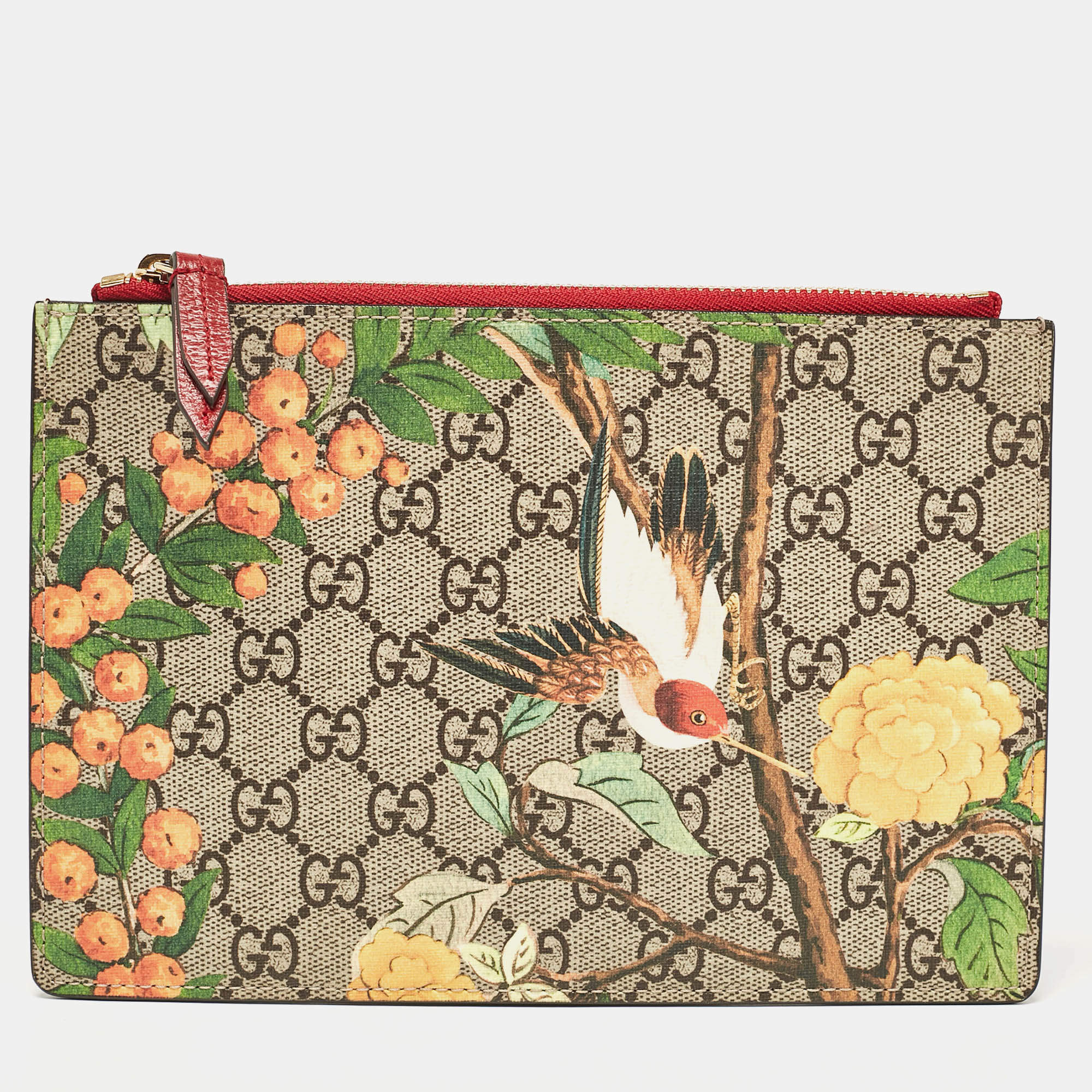 Pre Owned Gucci Red/Multicolor GG Supreme Canvas Tian Zip Pouch