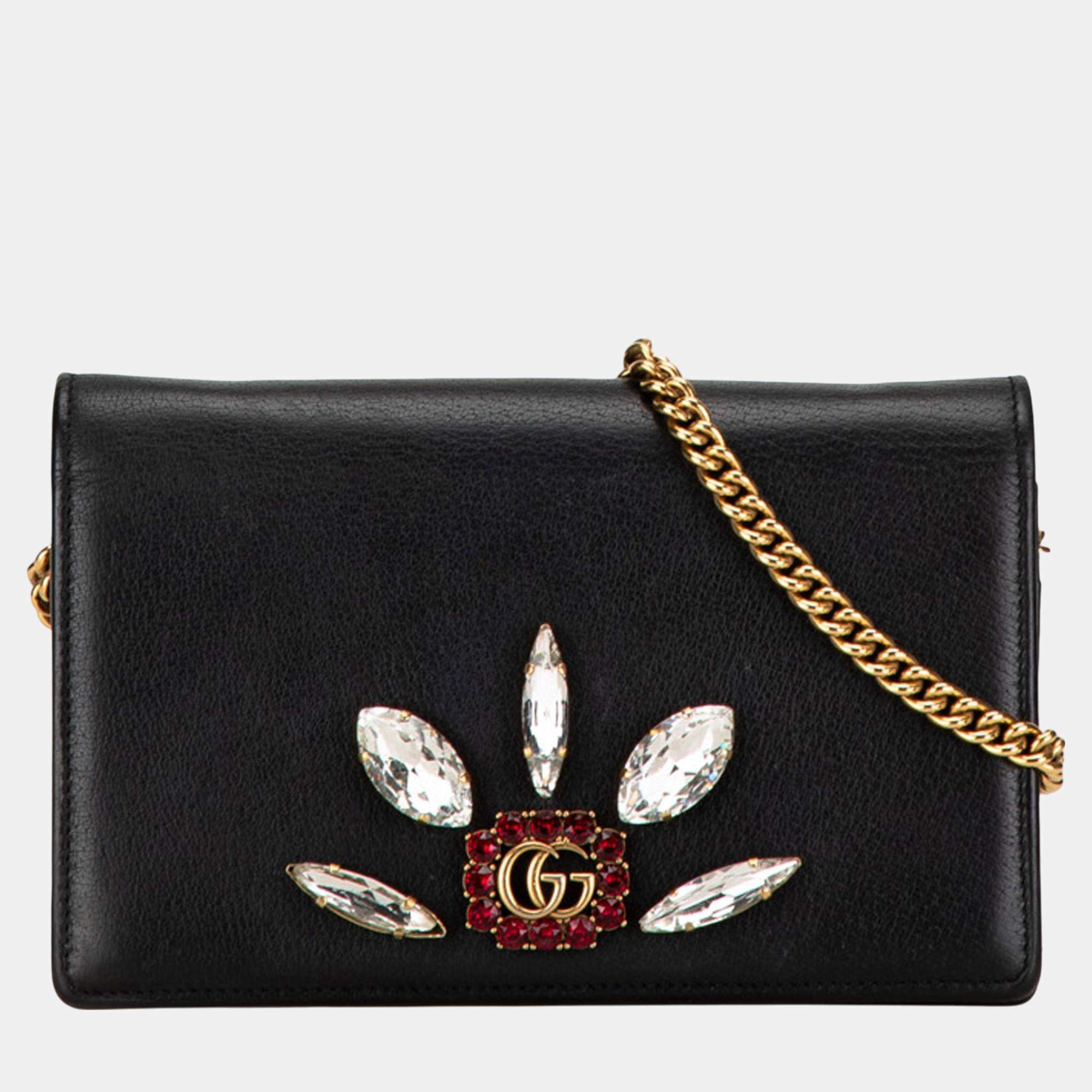 Pre Owned Gucci Black GG Marmont Embellished Wallet On Chain