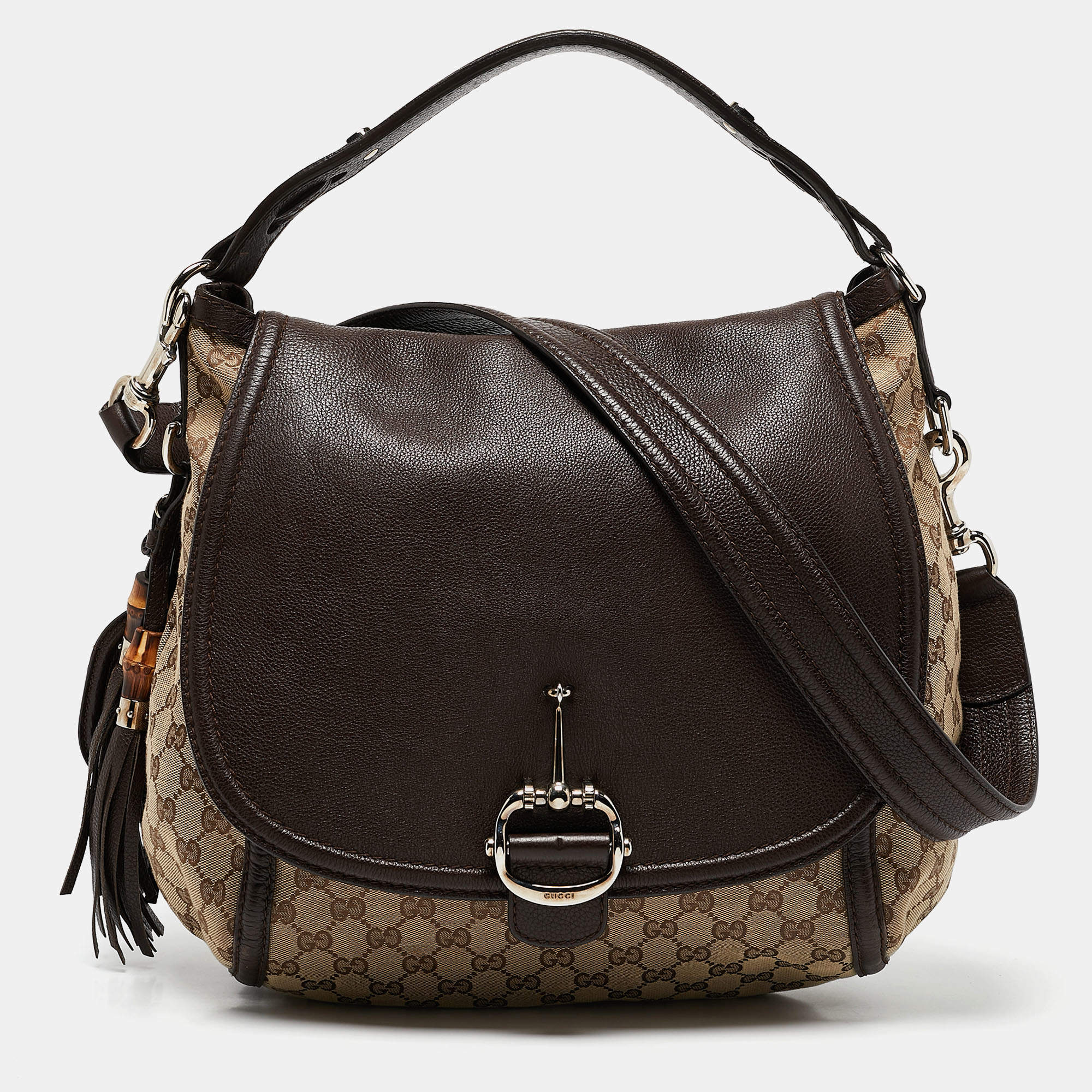 Pre Owned Gucci Beige/Ebony GG Canvas and Leather Techno Horsebit Flap Bag