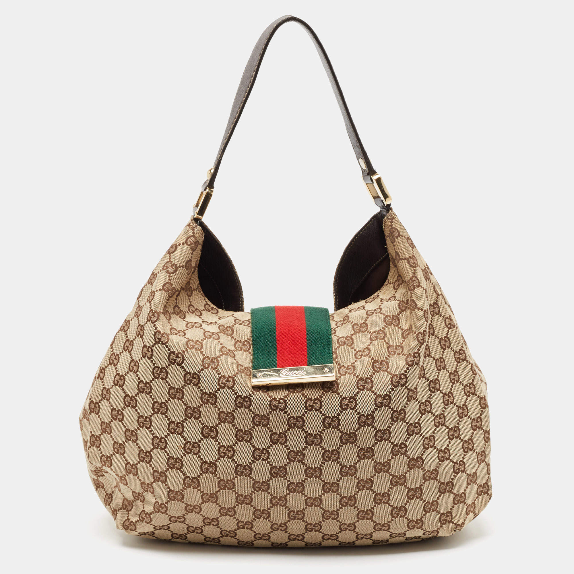 Pre Owned Gucci Beige/Brown GG Canvas and Leather New Ladies Web Hobo