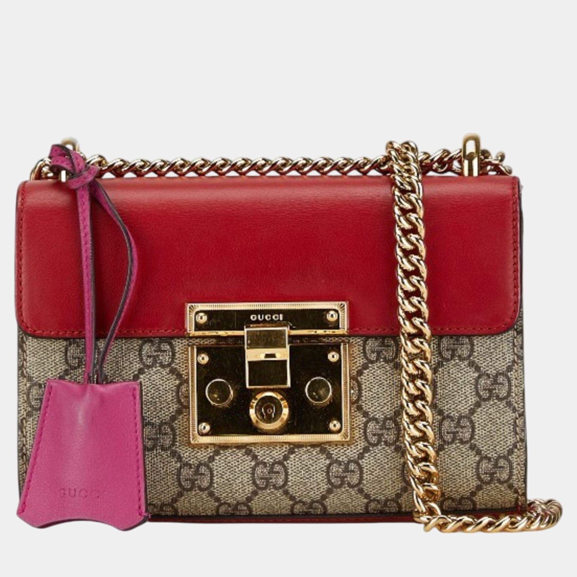 Gucci Red Beige Pvc Leather Gg Supreme Padlock Chain Shoulder Bag