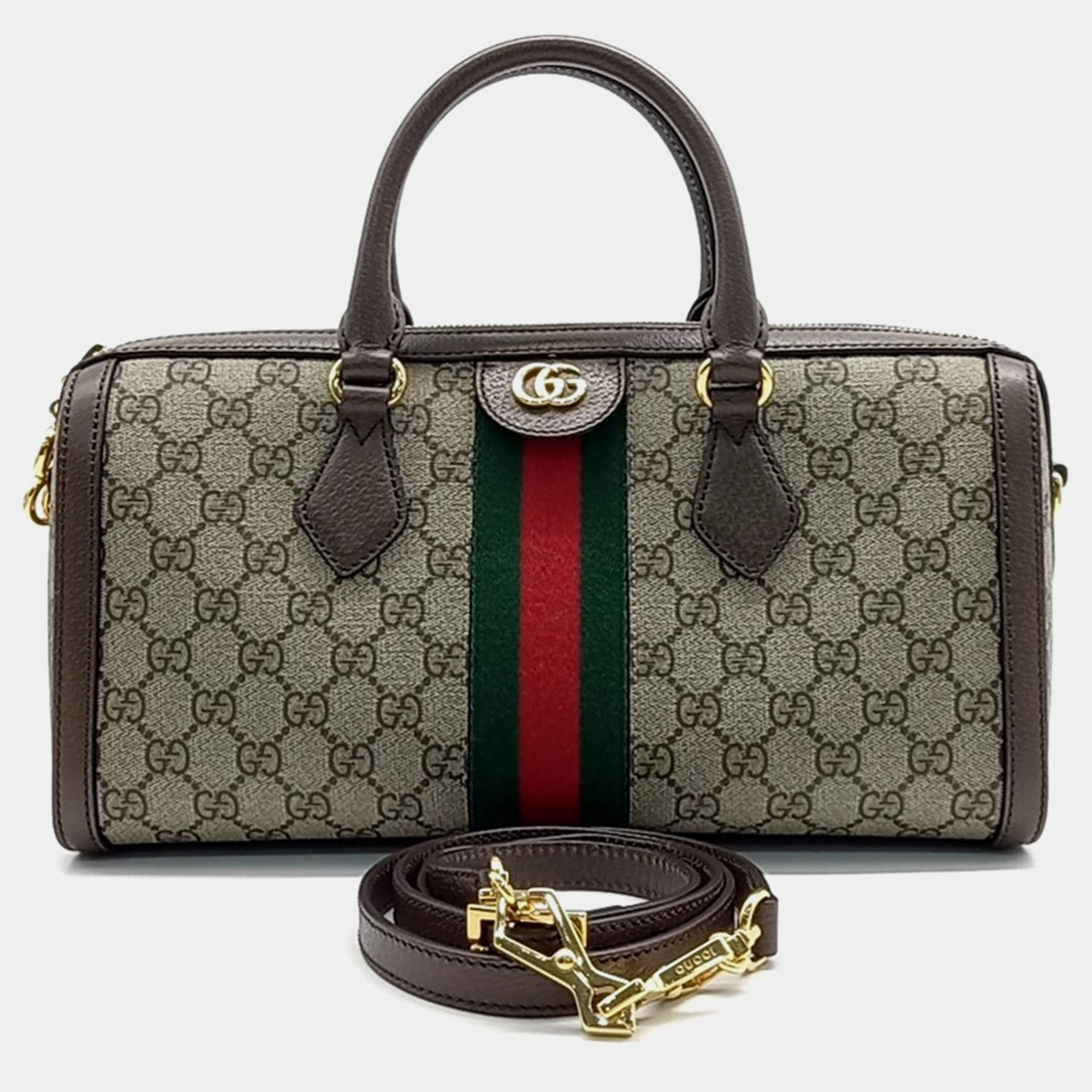 Pre Owned Gucci Beige Brown Leather and PVC Ophidia medium top handle bag