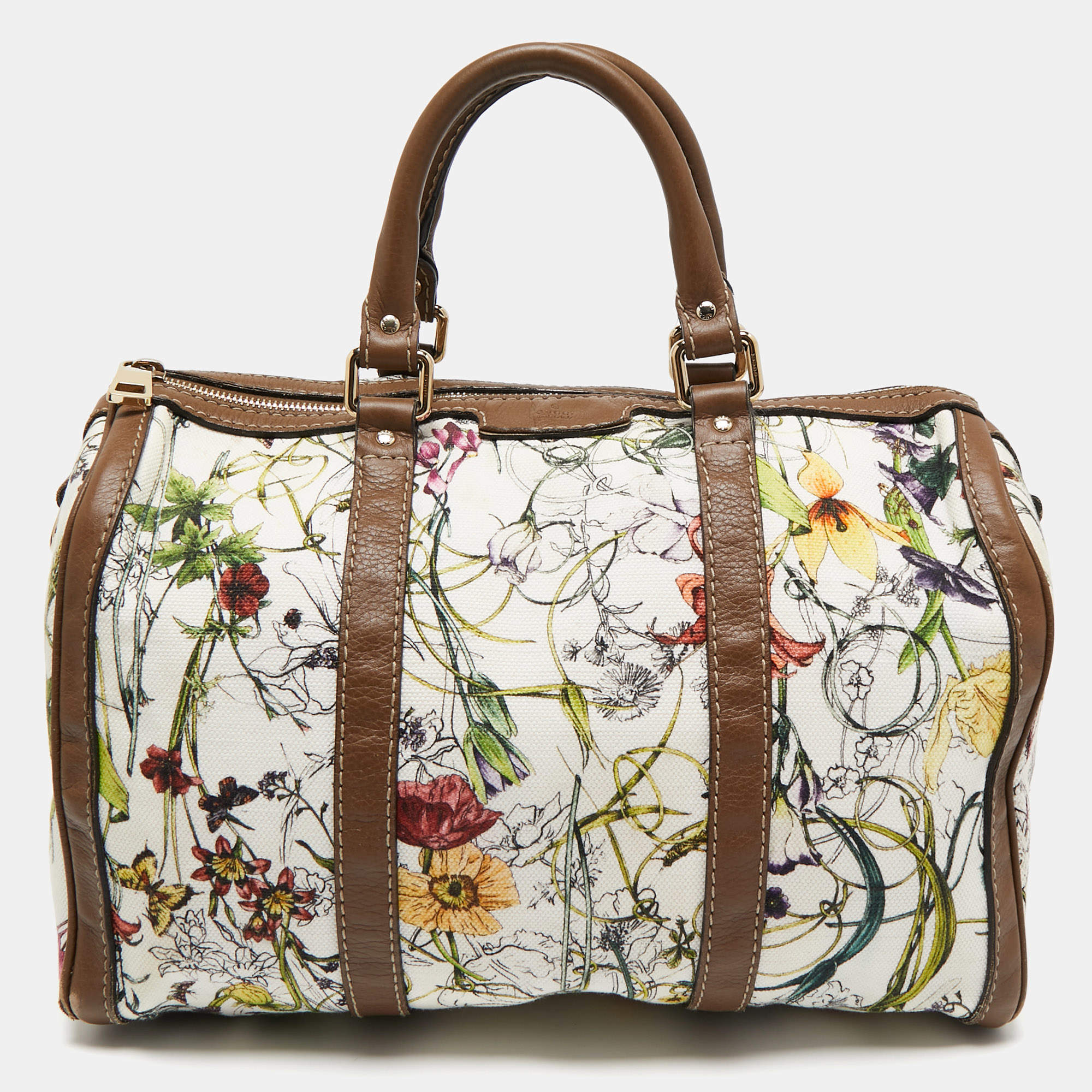 Pre Owned Gucci Beige/Multicolor Canvas and Leather Medium Floral Joy Boston Bag