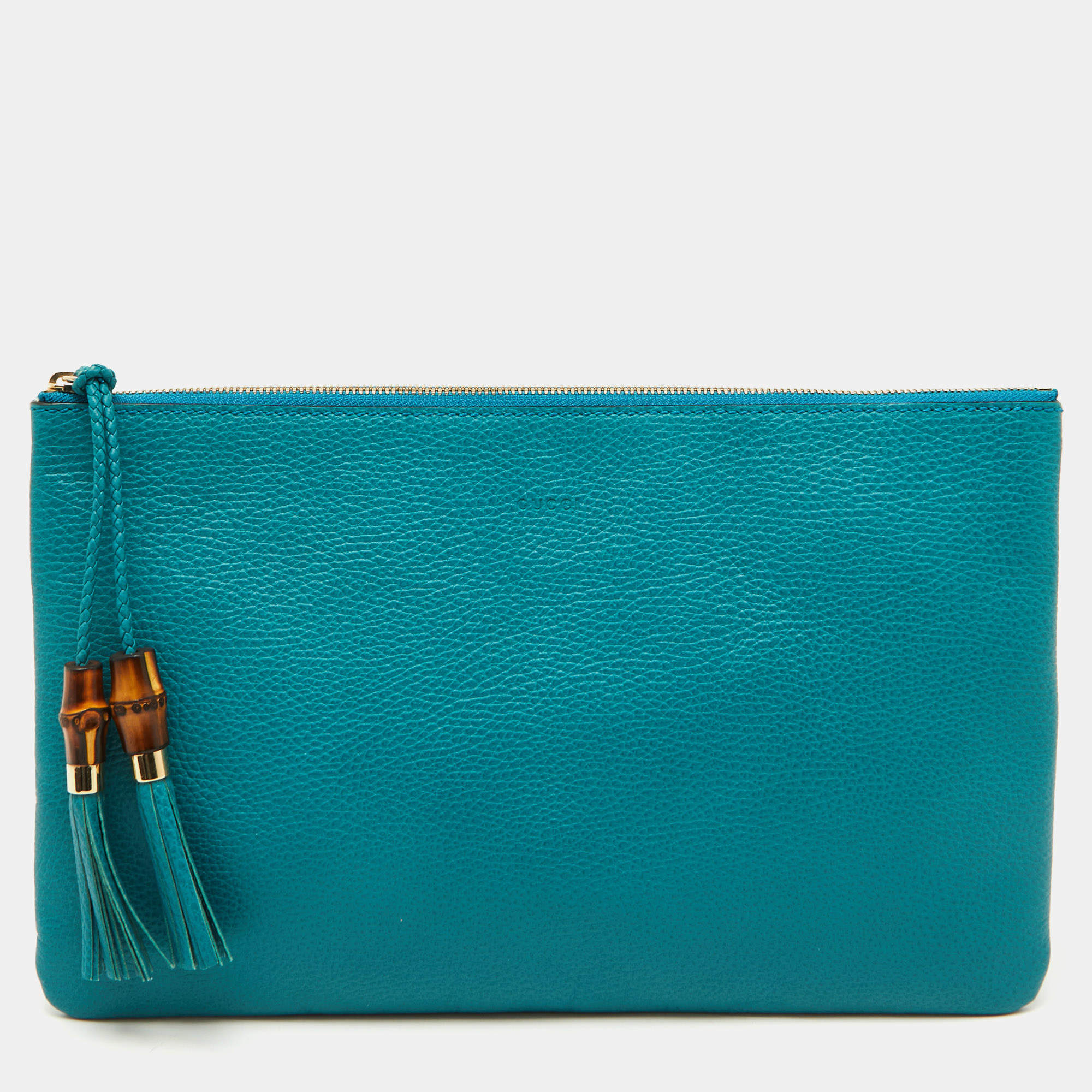 Pre Owned Gucci Teal Blue Leather Bamboo Braided Tassel Zip Clutch