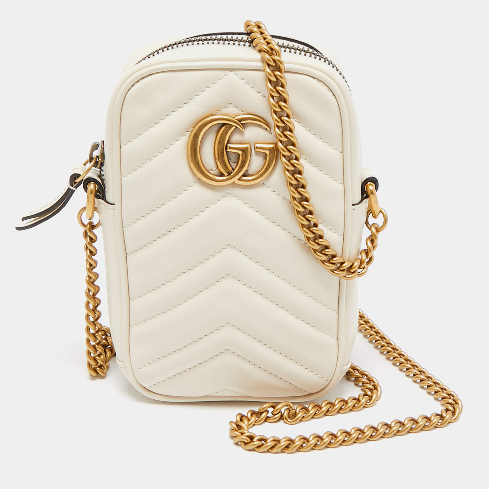 Pre Owned Gucci Off White Matelassé Leather Mini GG Marmont Shoulder Bag