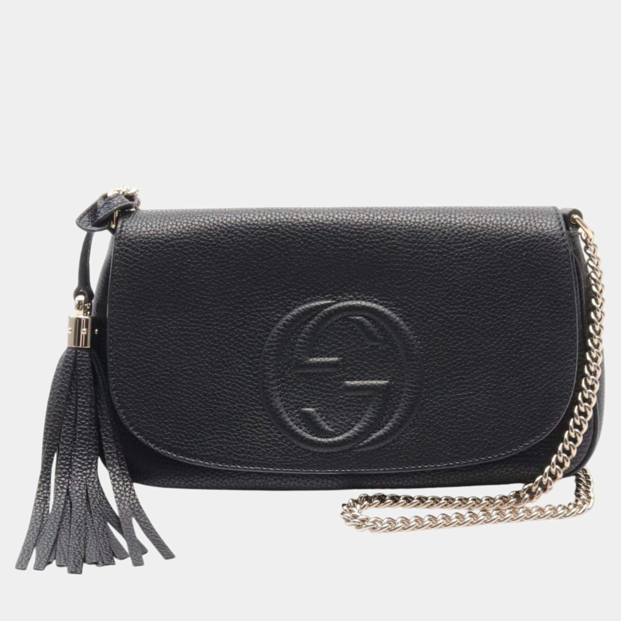 Gucci Black Leather Soho Interlocking G Shoulder Bag