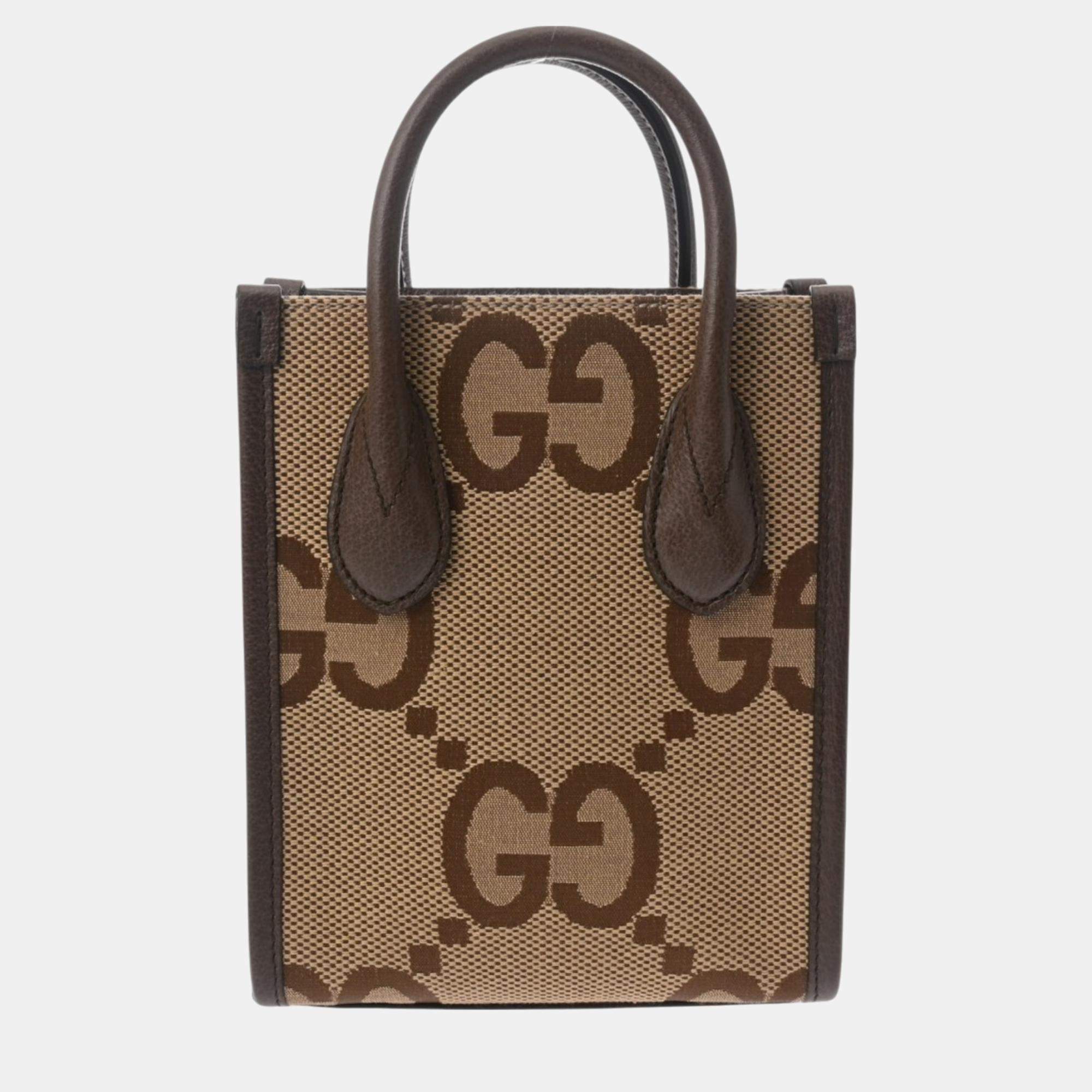 Gucci Beige Brown Canvas Leather Jumbo Gg Tote Bag