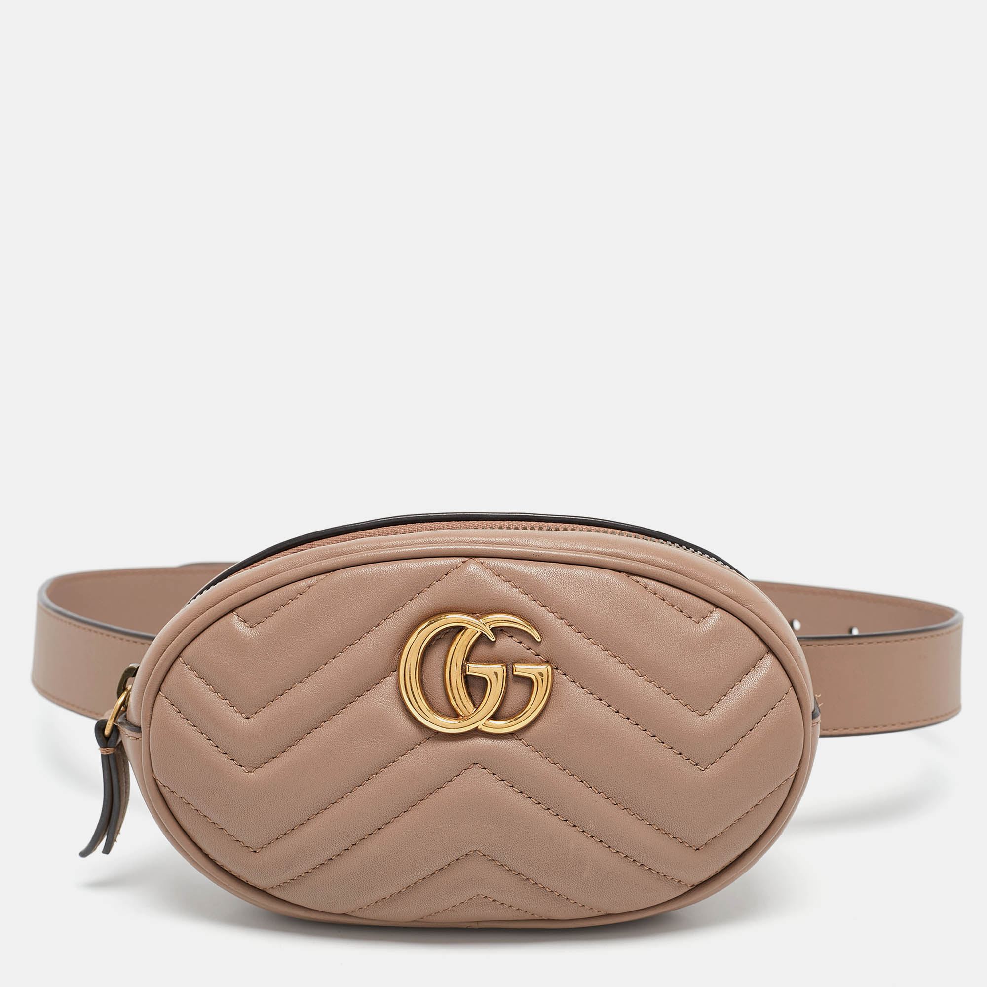 Pre Owned Gucci Beige Matelassé Leather Mini GG Marmont Belt Bag