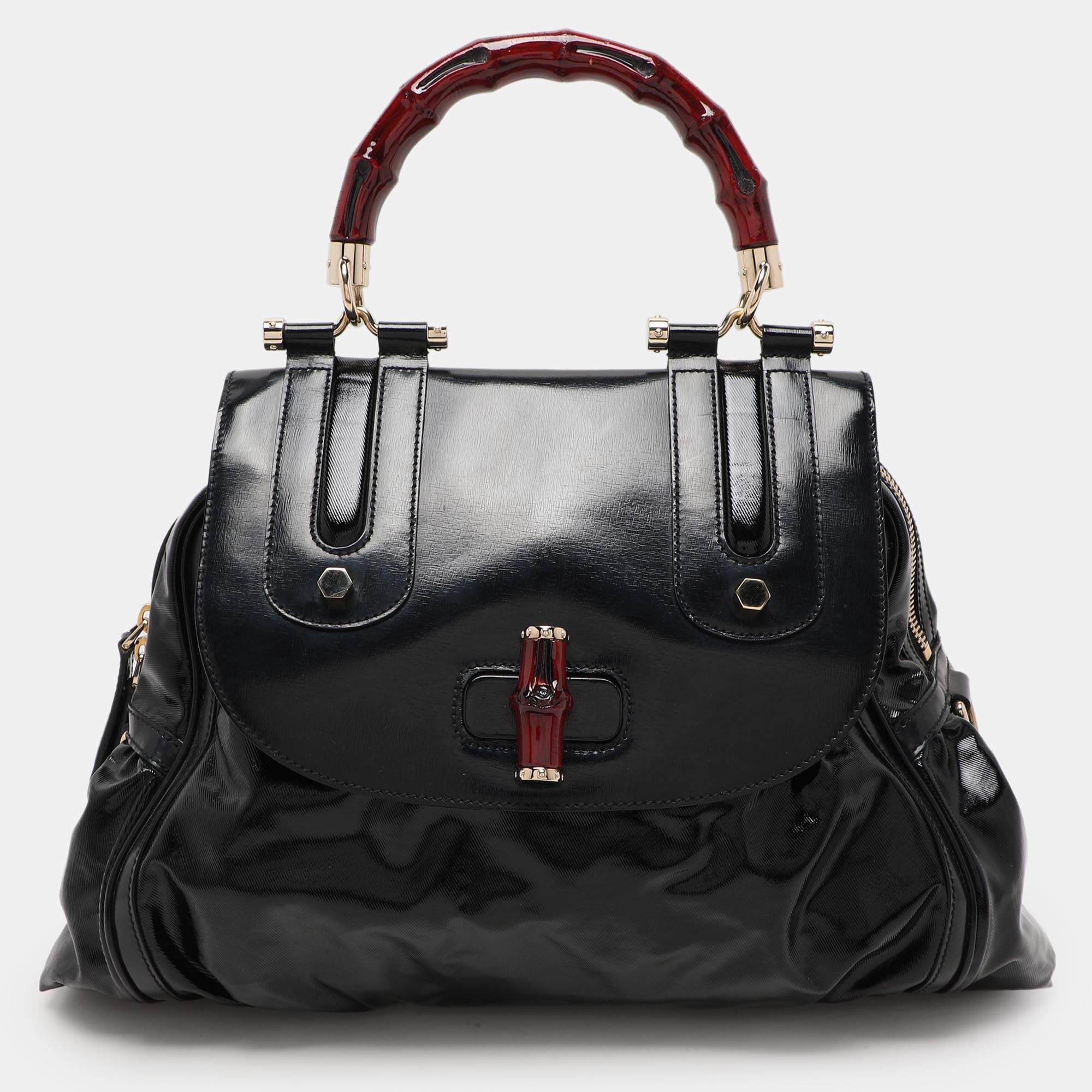 Pre Owned Gucci Black Coated Nylon and Leather Dialux Pop Bamboo Top Handle Bag