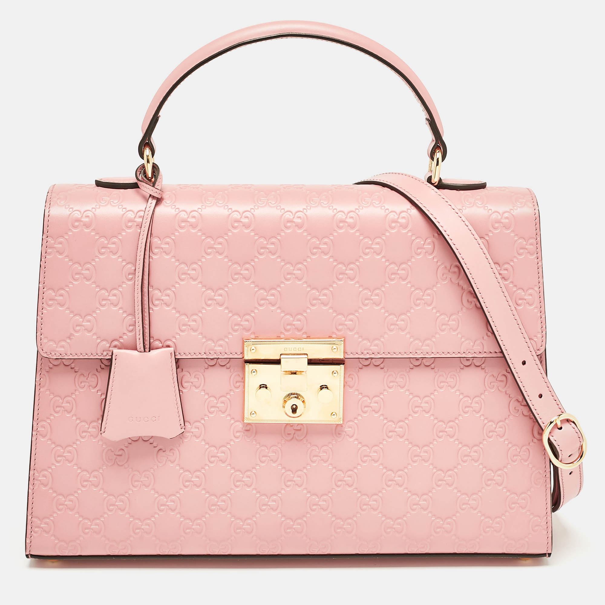 Pre Owned Gucci Pink Guccissima Leather Medium Padlock Top Handle Bag