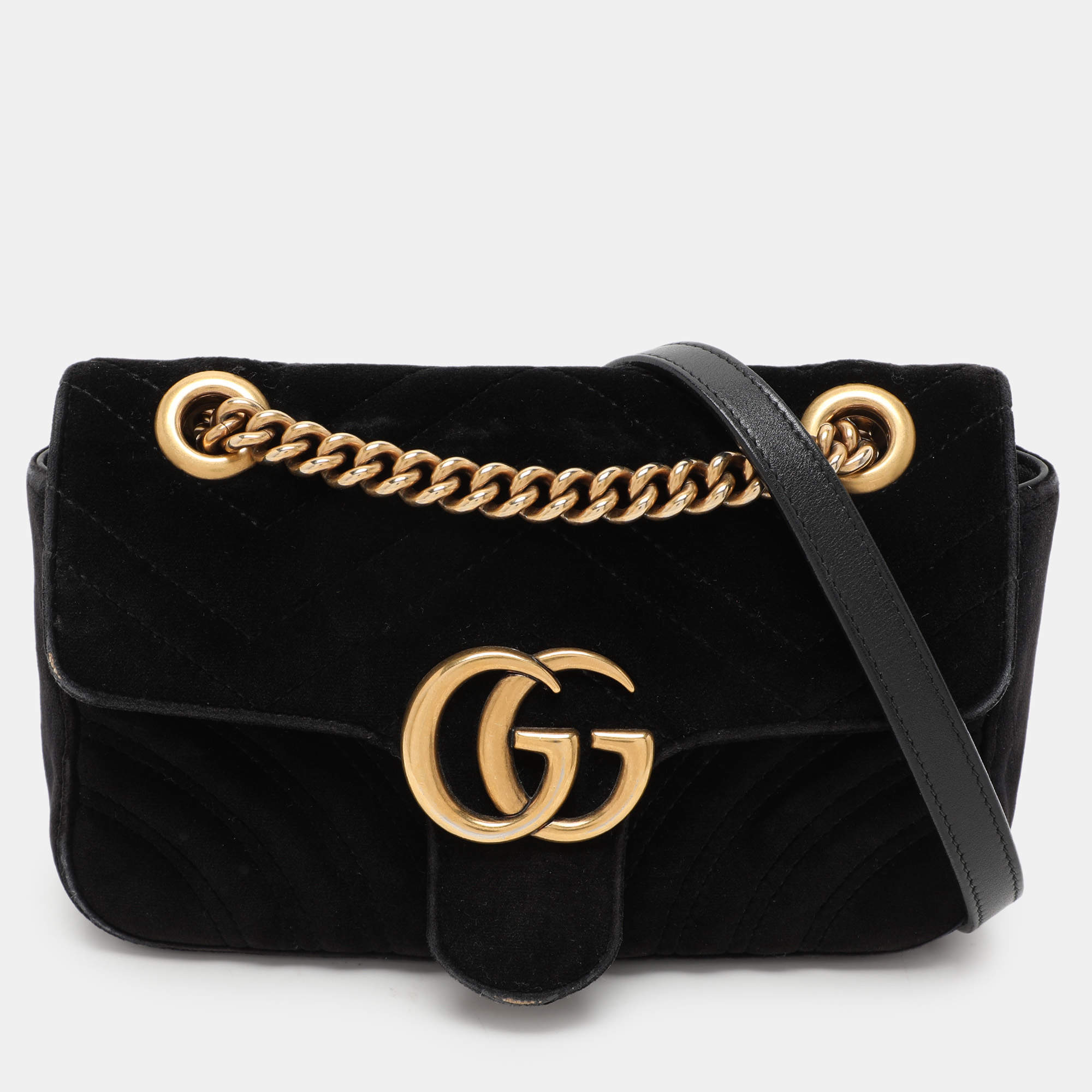 Pre Owned Gucci Black Matelassé Velvet Mini GG Marmont Shoulder Bag