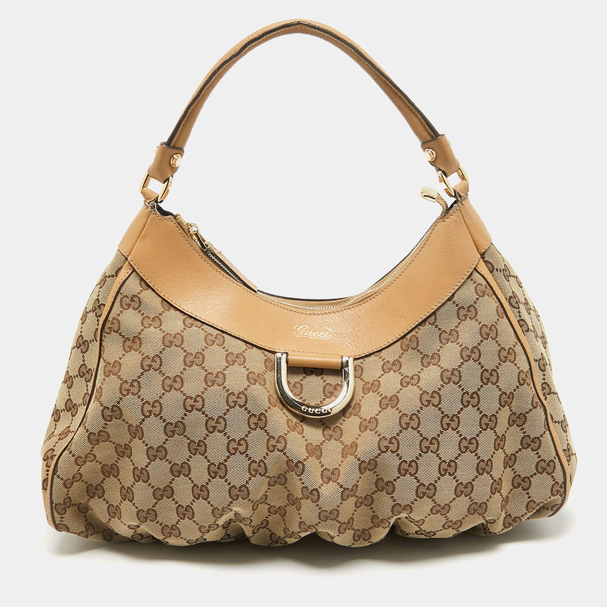 Pre Owned Gucci Beige GG Canvas and Leather Abbey D-Ring Shoulder Bag