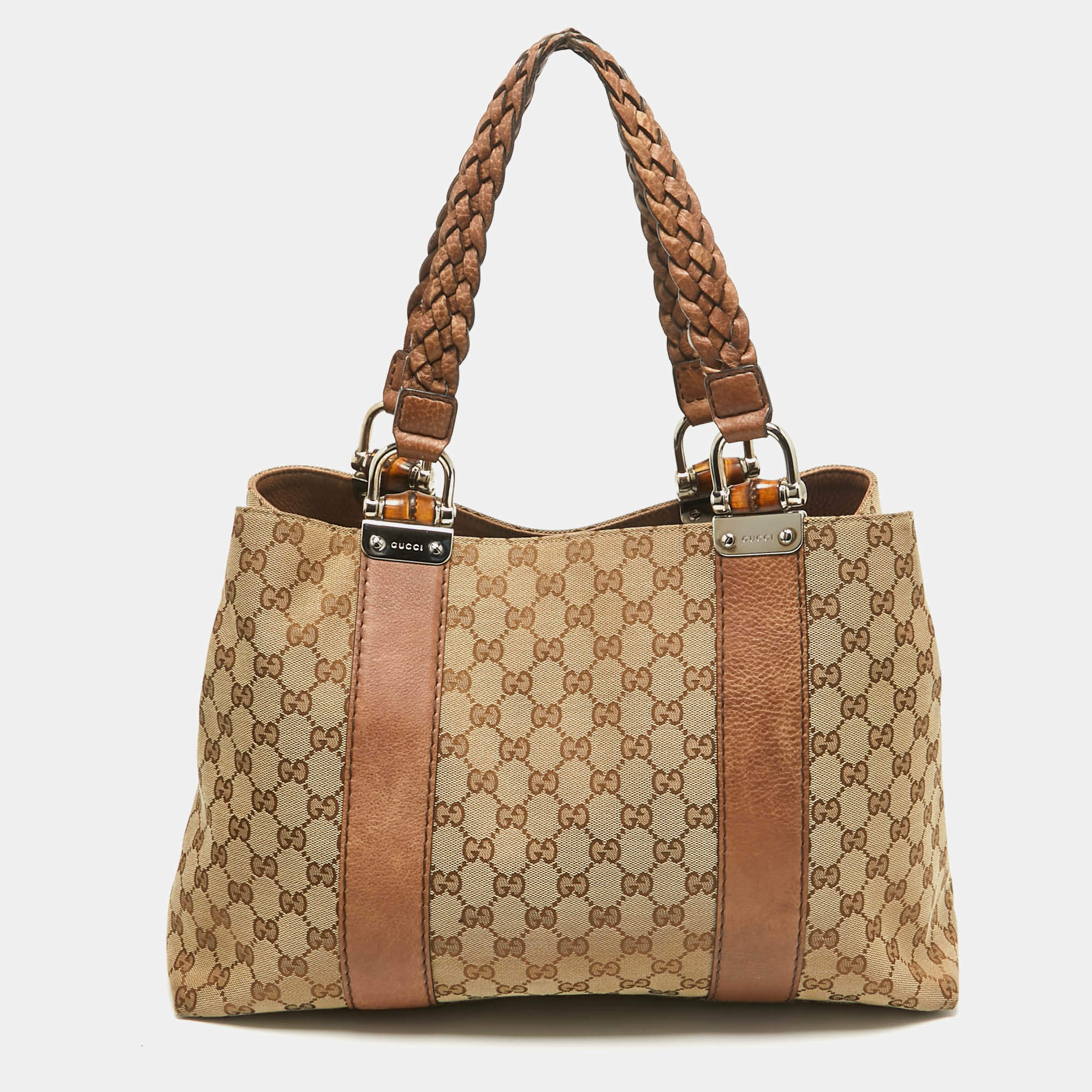 Pre Owned Gucci Beige/Brown GG Canvas and Leather Medium Bamboo Bar Tote