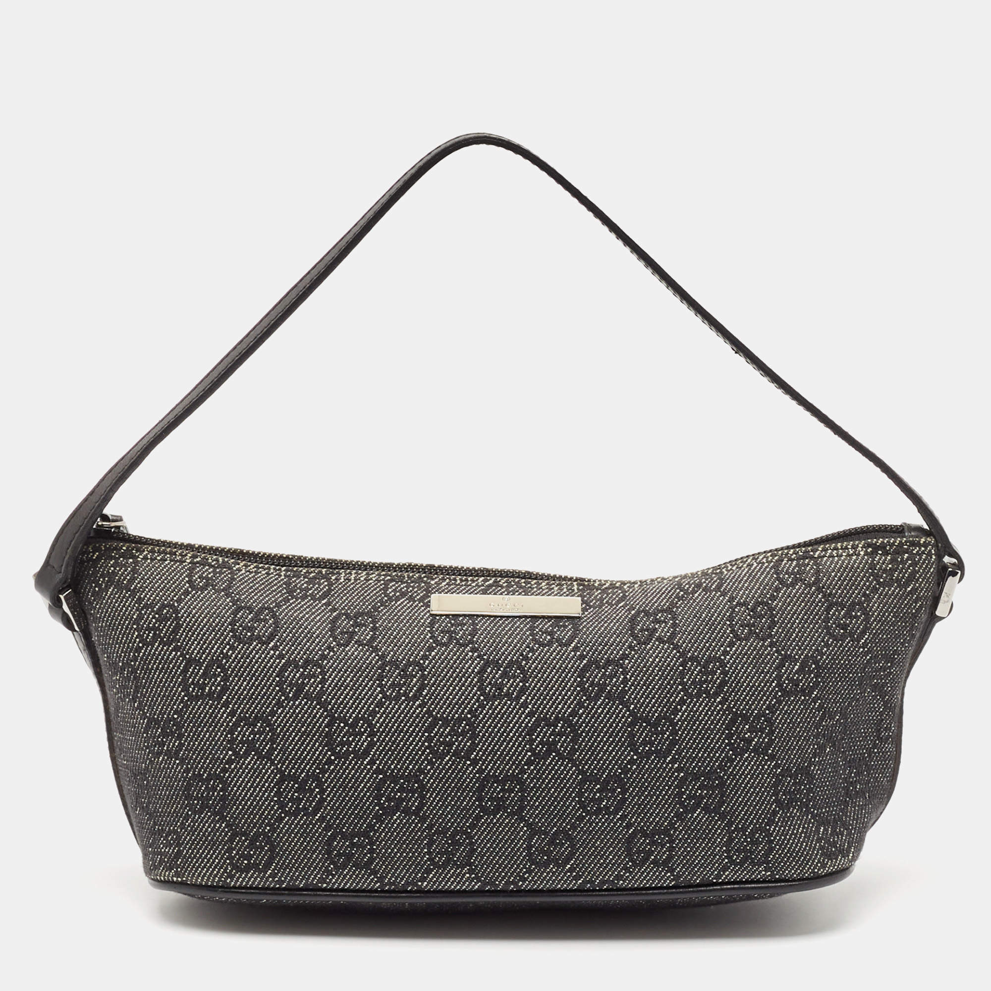 Gucci Black GG Denim and Leather Boat Pochette Bag