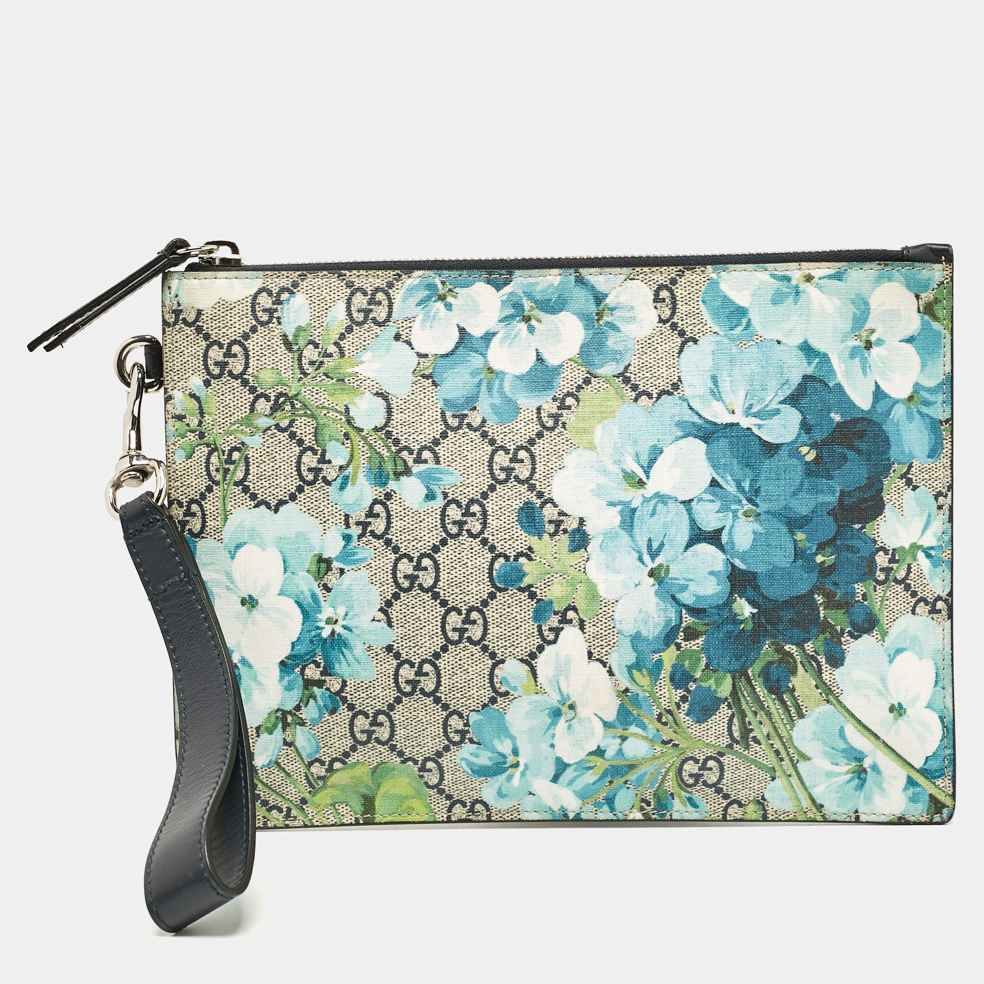 Gucci Blue/Beige GG Supreme Canvas and Leather Blooms Wristlet Pouch
