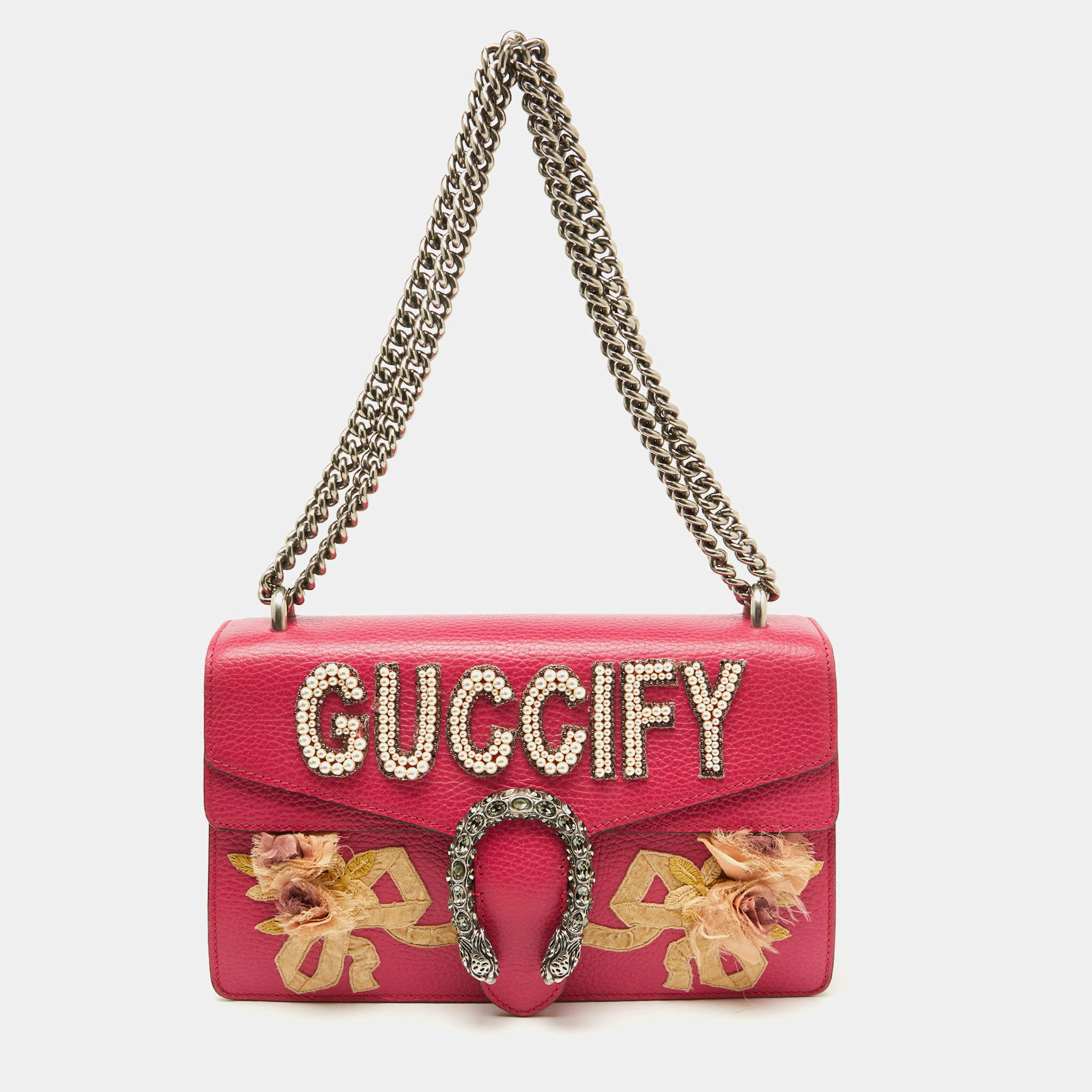 Pre Owned Gucci Pink Leather Small Guccify Pearl Embellished Dionysus Shoulder Bag