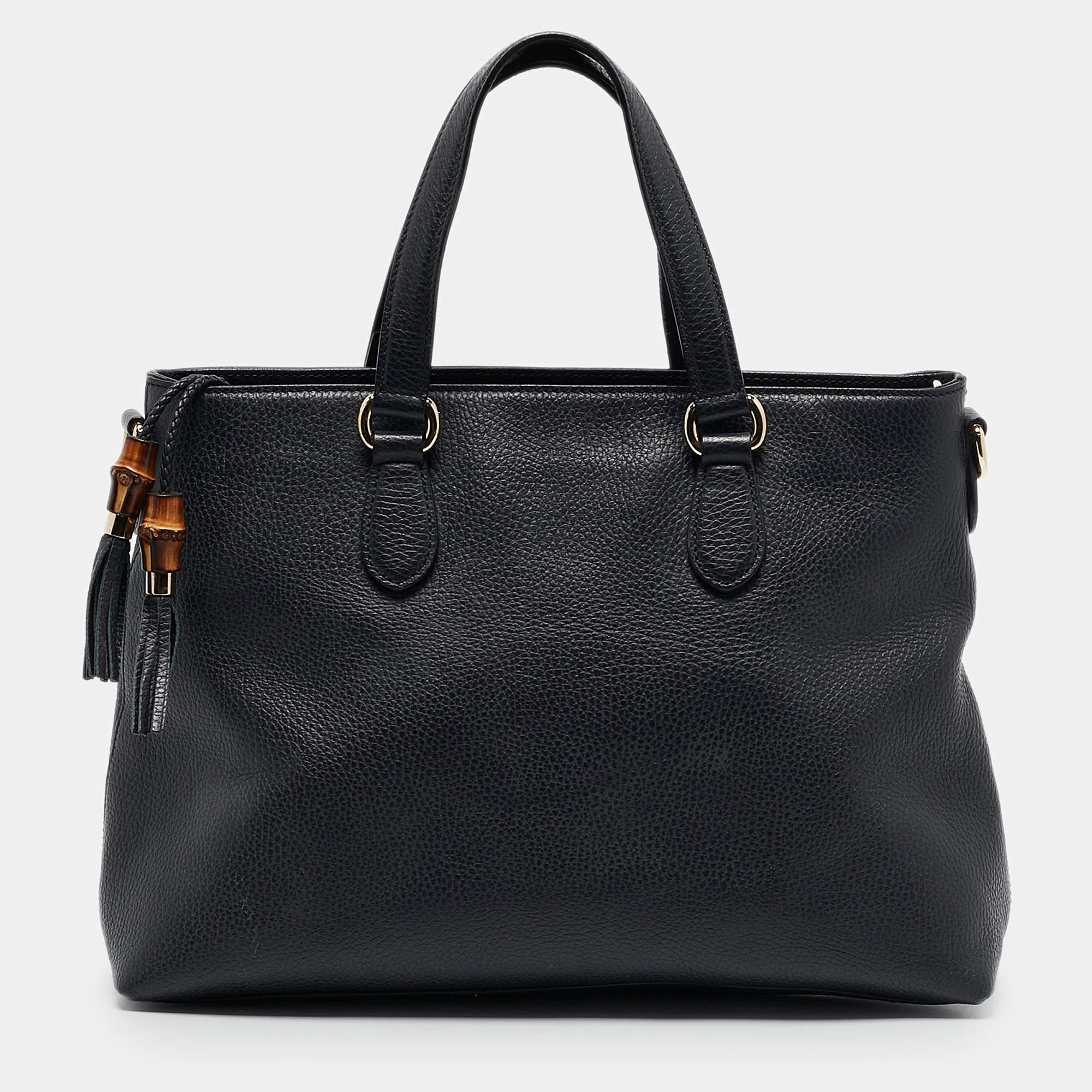 Pre Owned Gucci Navy Blue Leather Bamboo Tassel Tote