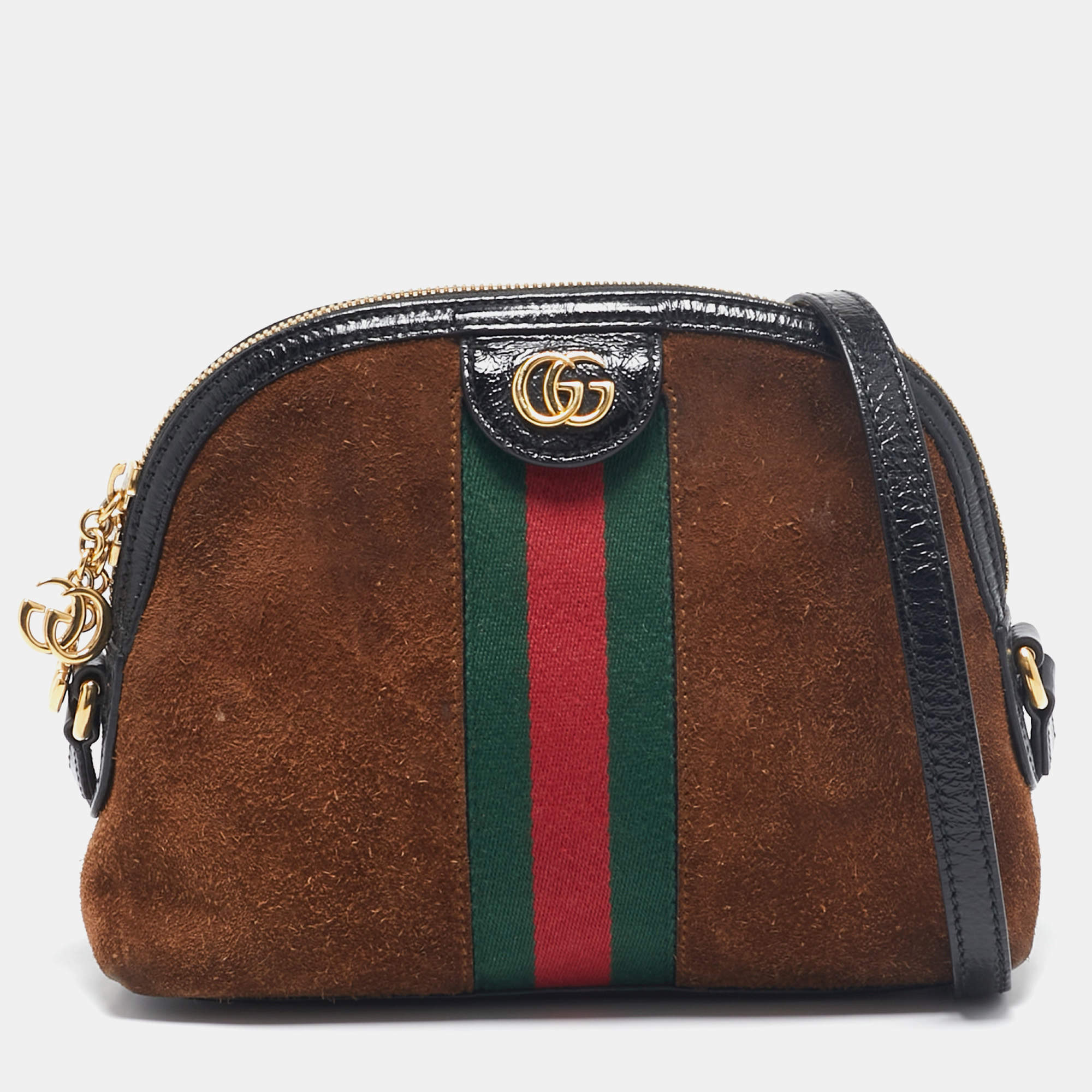 Pre Owned Gucci Brown/Black Suede and Patent Leather Ophidia Crossbody Bag