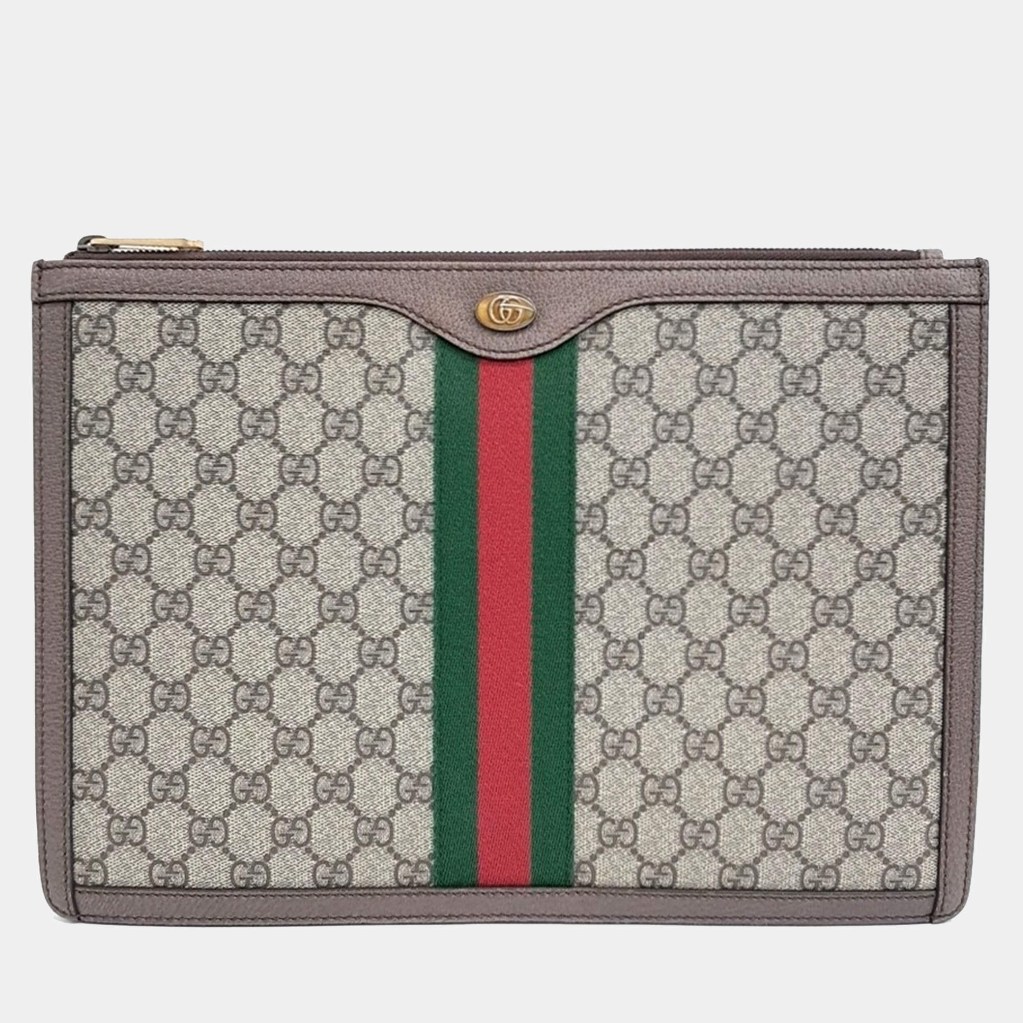 Gucci Beige Brown Coated Canvas Leather Supreme Portfolio Clutch Bag