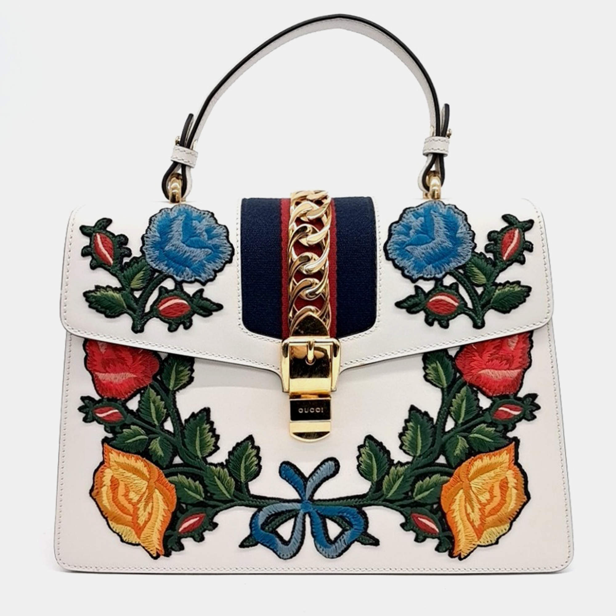  Gucci Multicolor White Leather Sylvie Top Handle Bag