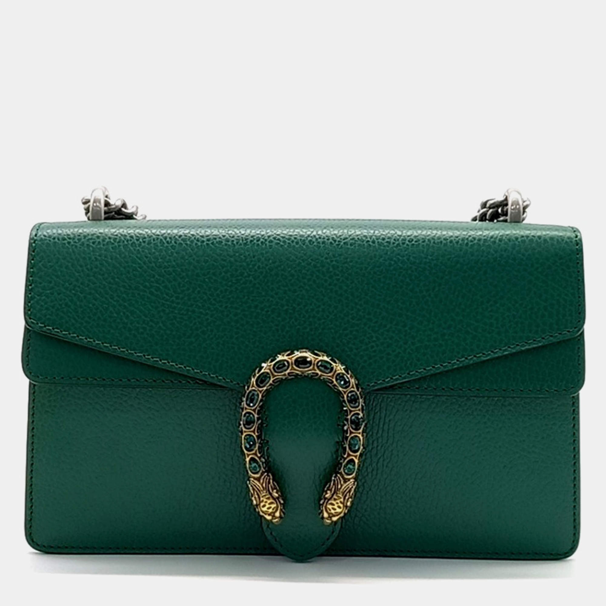 Pre Owned Gucci Green Leather Dionysus Chain Shoulder Bag