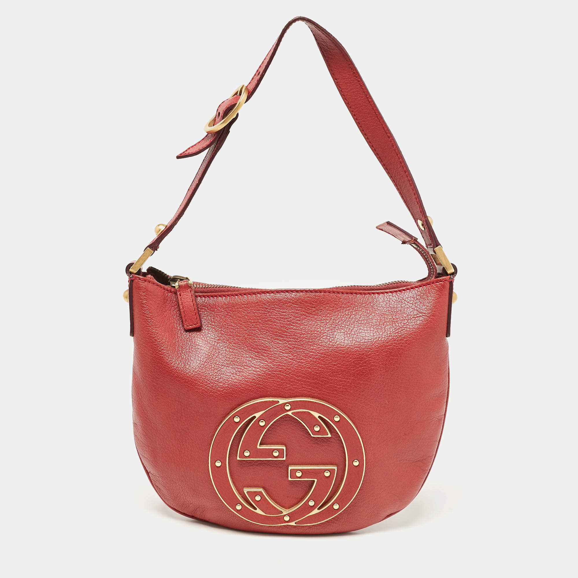 Pre Owned Gucci Dark Red Leather Blondie Logo Hobo