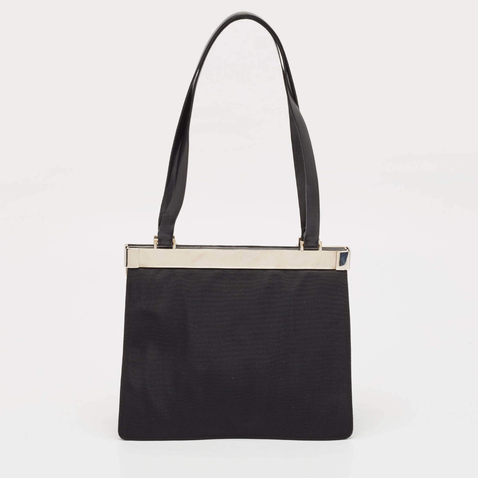 Pre Owned Gucci Black Canvas and Leather Metal Frame Tote