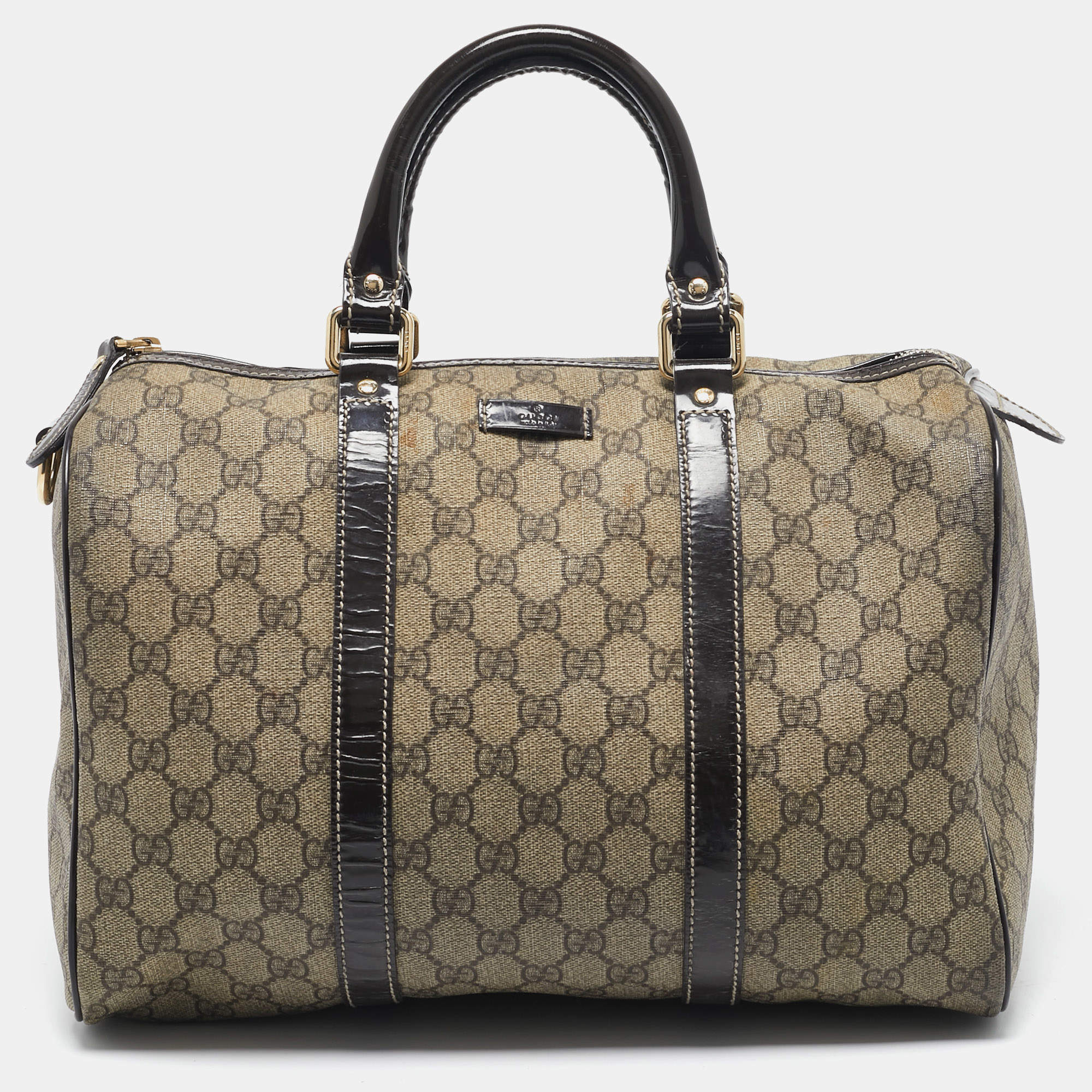 Gucci Dark Brown/Beige GG Supreme Canvas and Patent Leather Medium Joy Boston Bag