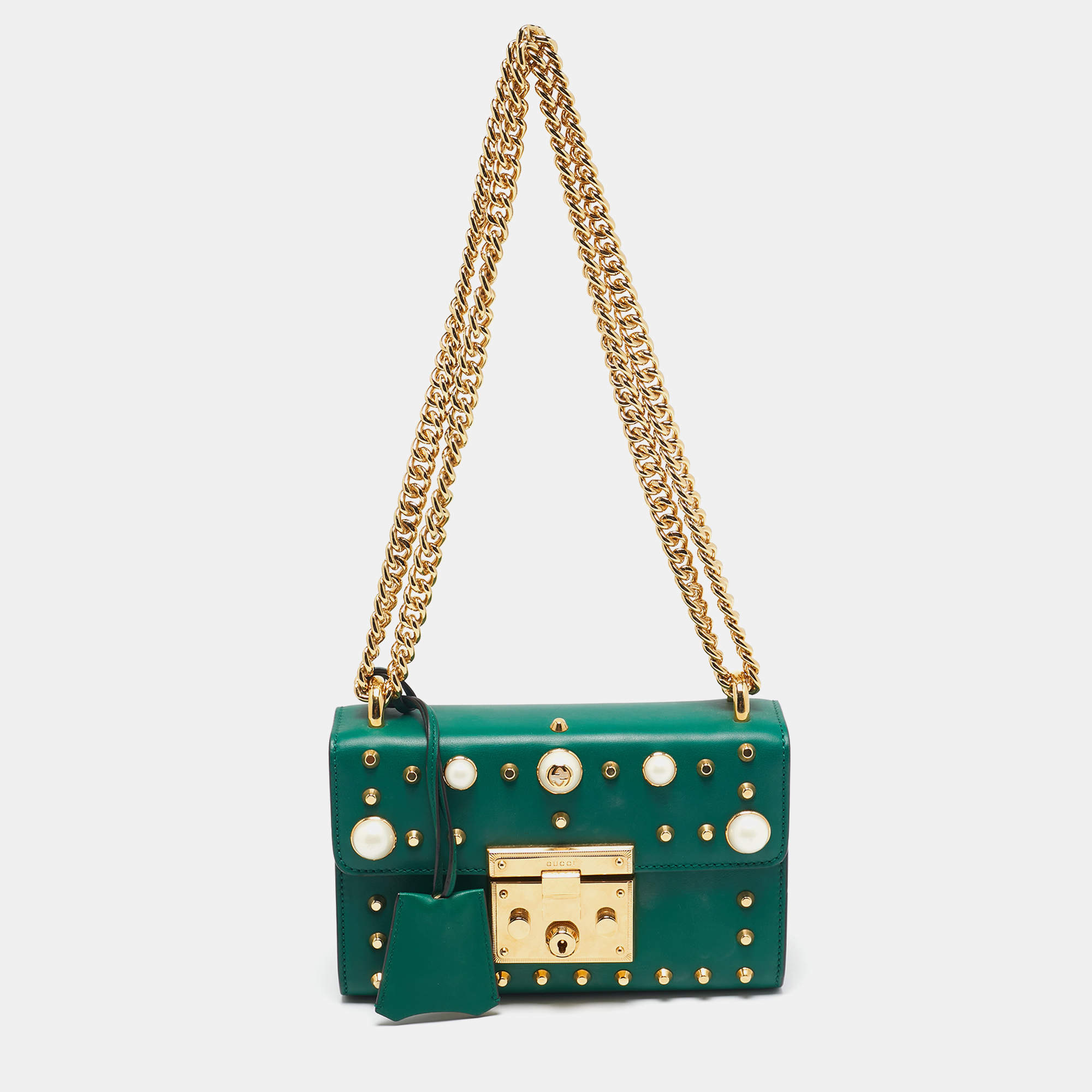 Gucci Green Leather Small Pearl Studded Padlock Shoulder Bag