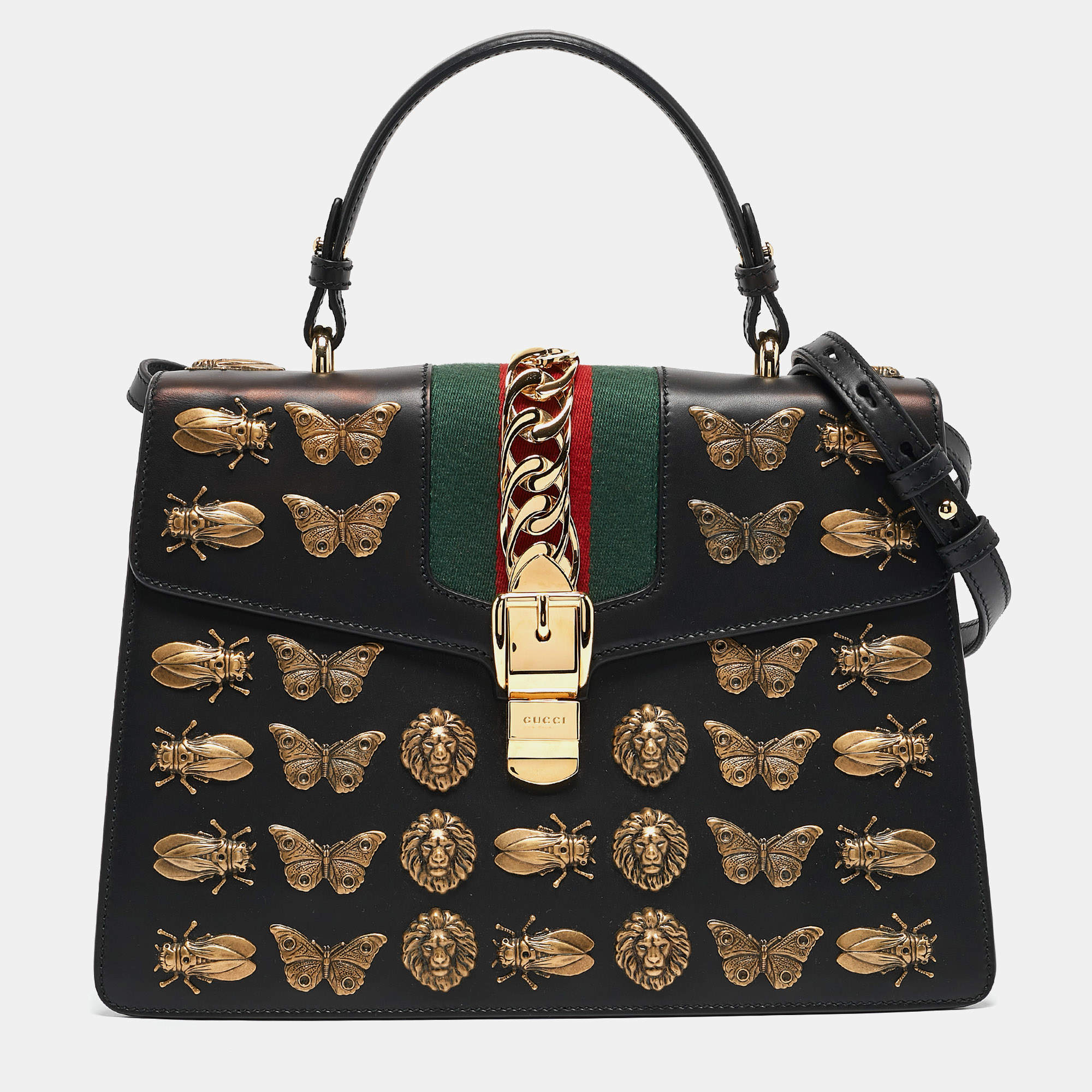 Gucci Black Leather Medium Animal Studs Sylvie Top Handle Bag