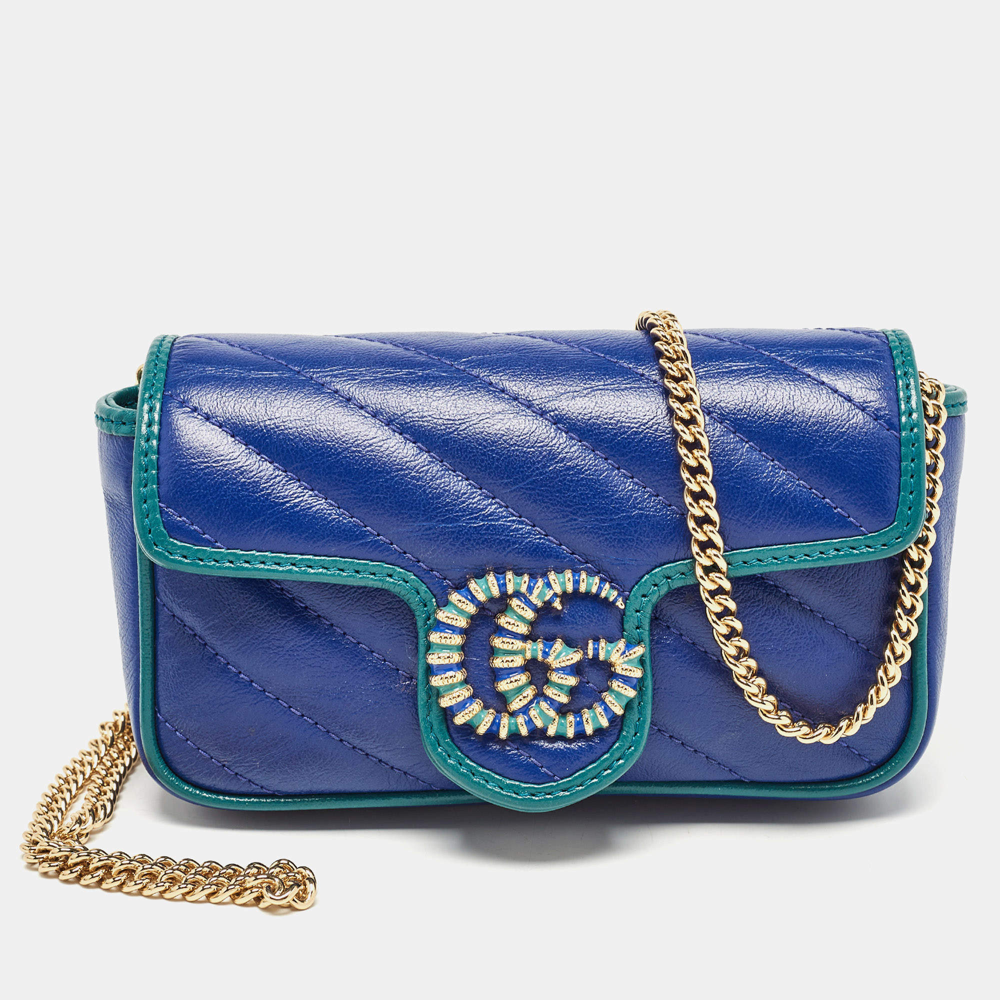 Gucci Blue/Green Diagonal Quilt Leather Super Mini GG Marmont Torchon Shoulder Bag