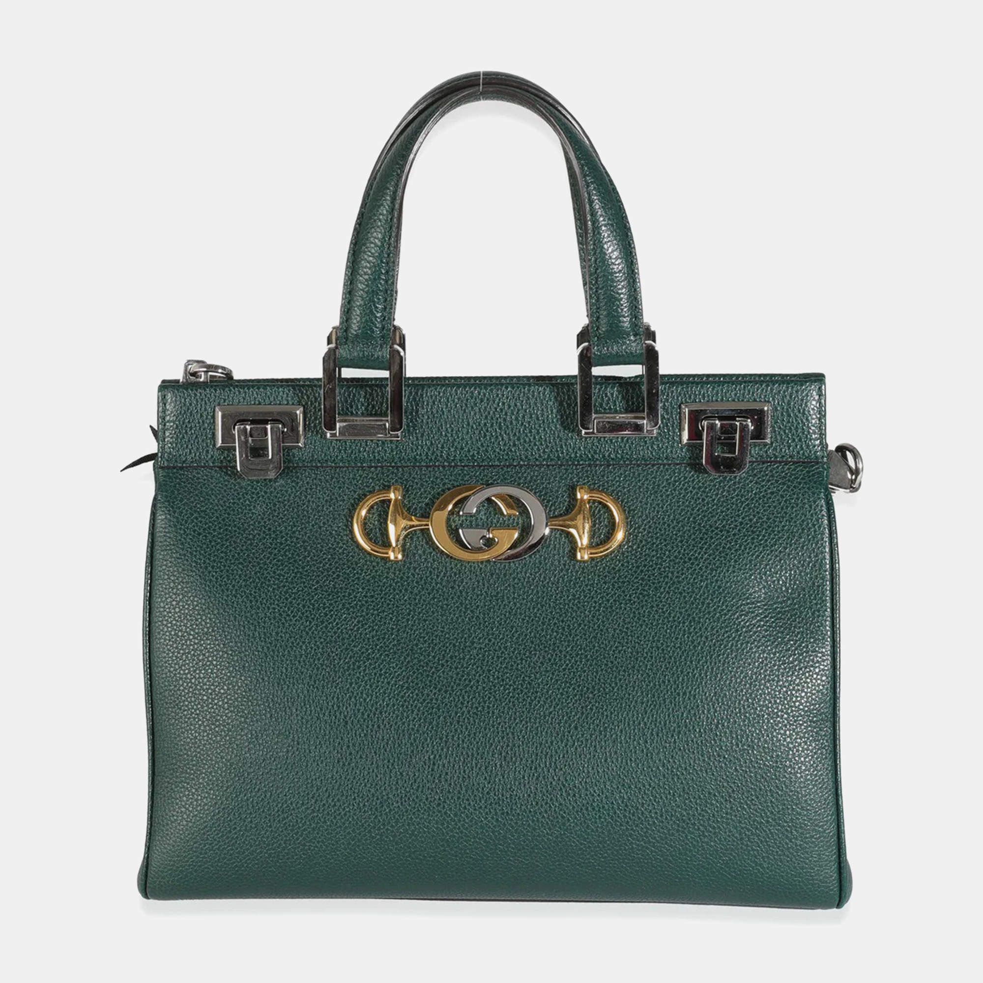 Gucci Dark Green Grainy Calfskin Small Zumi Top Handle Bag