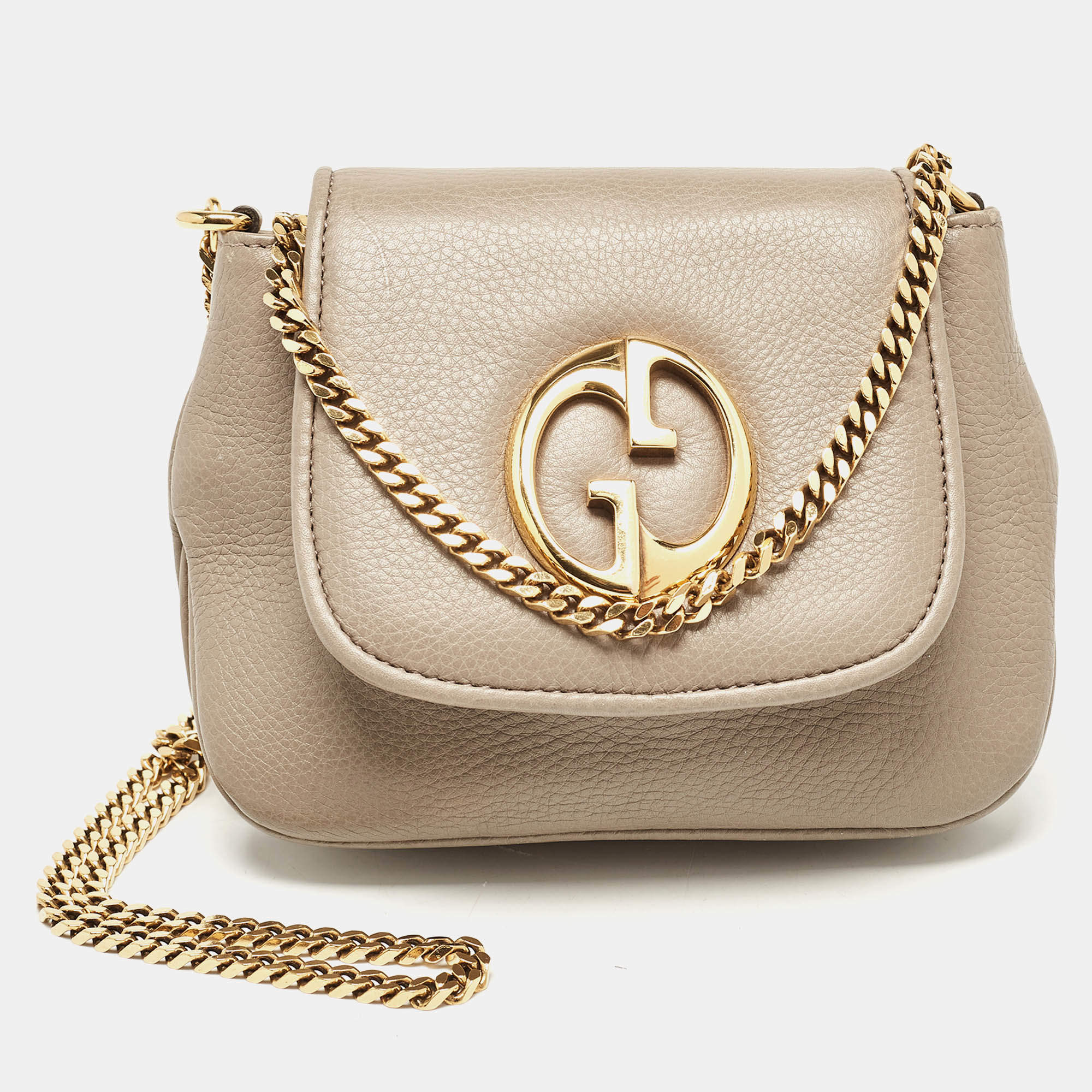 Pre Owned Gucci Beige Leather Small 1973 Chain Crossbody Bag