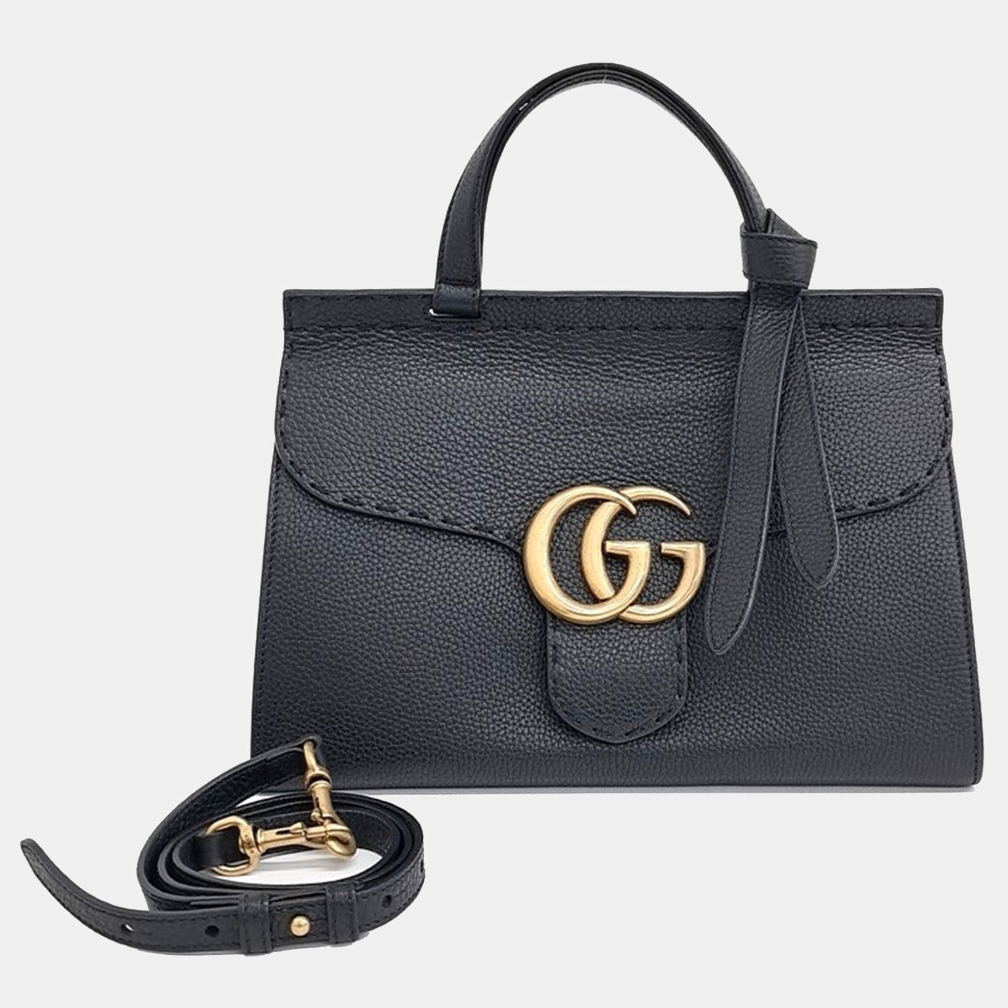Pre Owned Gucci Black Leather GG Mamont Tote And Shoulder Bag