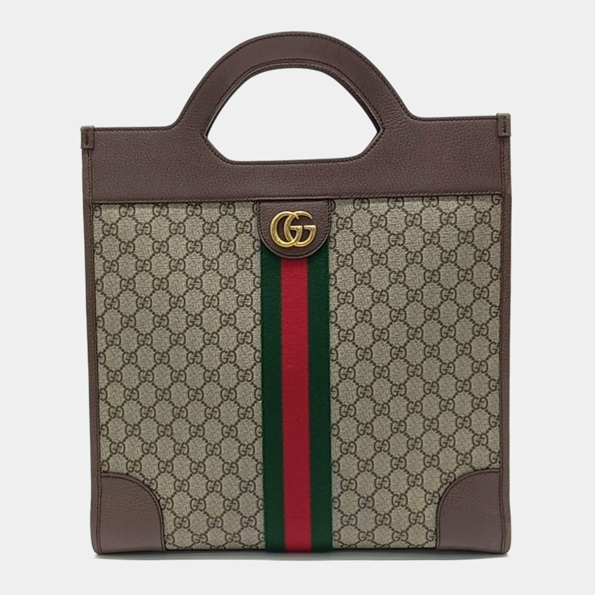Gucci Beige Brown PVC Ophidia Medium Top Handle Tote Bag