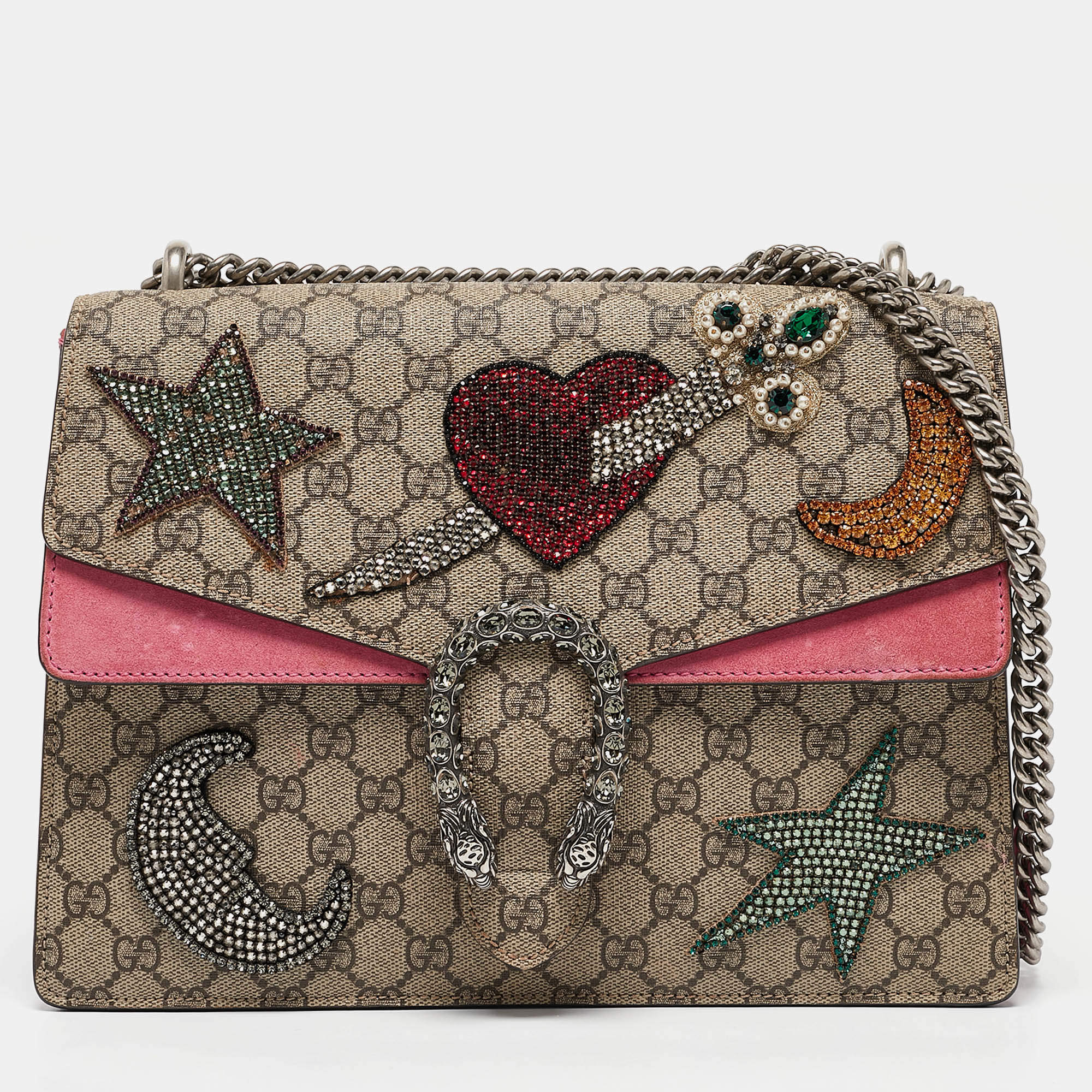 Gucci Beige/Pink GG Supreme Canvas and Suede Medium Crystals Embellished Dionysus Shoulder Bag