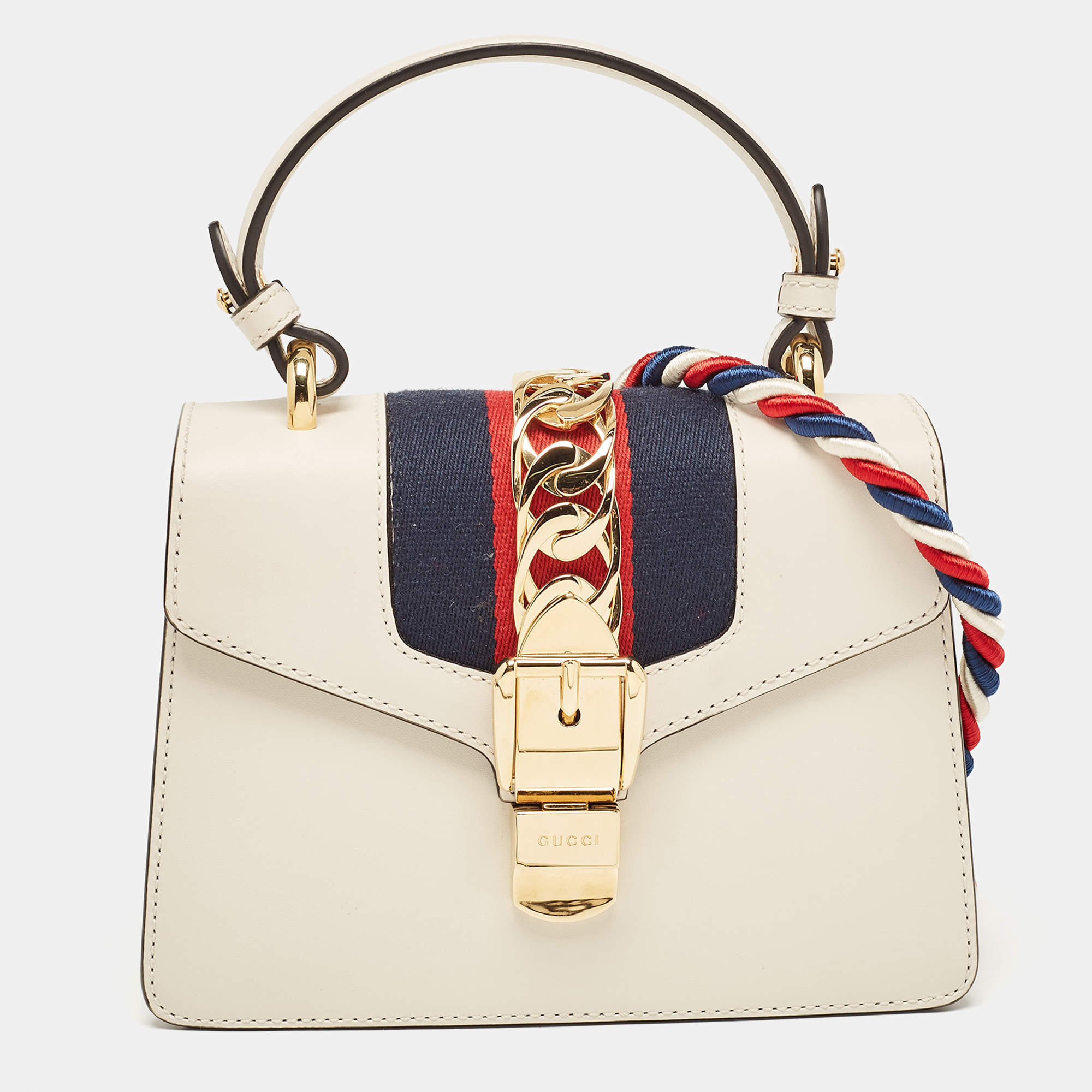 Pre Owned Gucci White Leather Mini Web Chain Sylvie Top Handle Bag