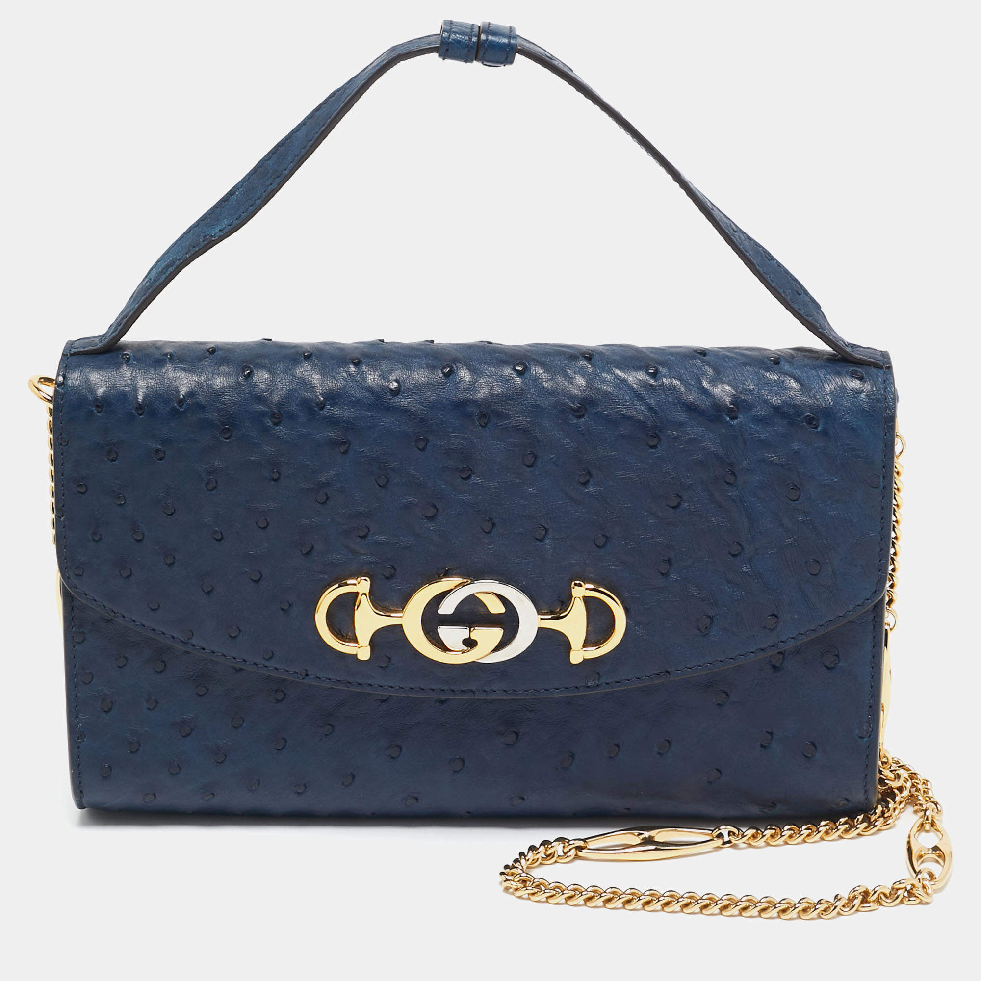 Gucci Navy Blue Ostrich Leather Zumi Clutch Bag