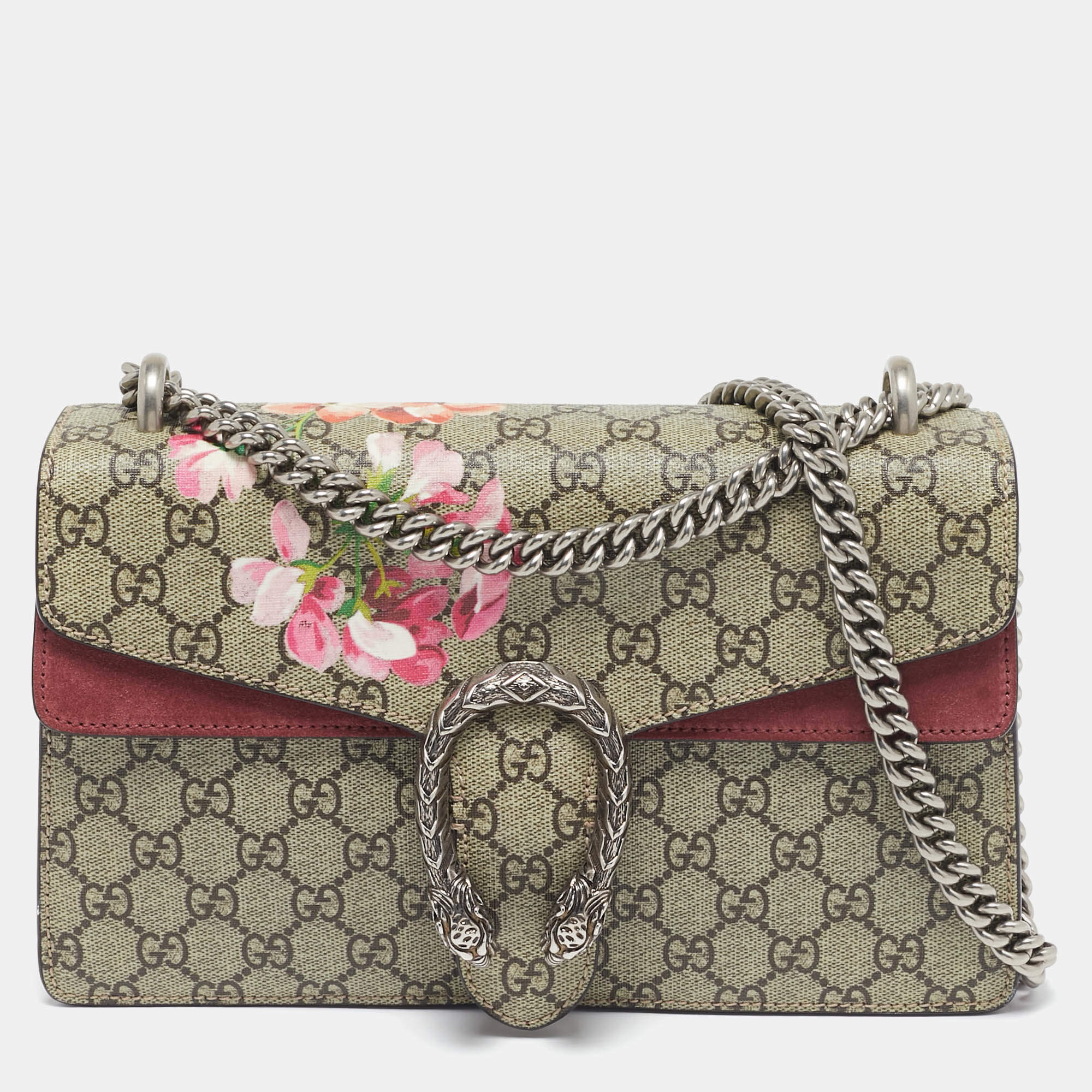 Gucci Old Rose/Beige GG Supreme Canvas and Suede Small Dionysus Blooms Shoulder Bag